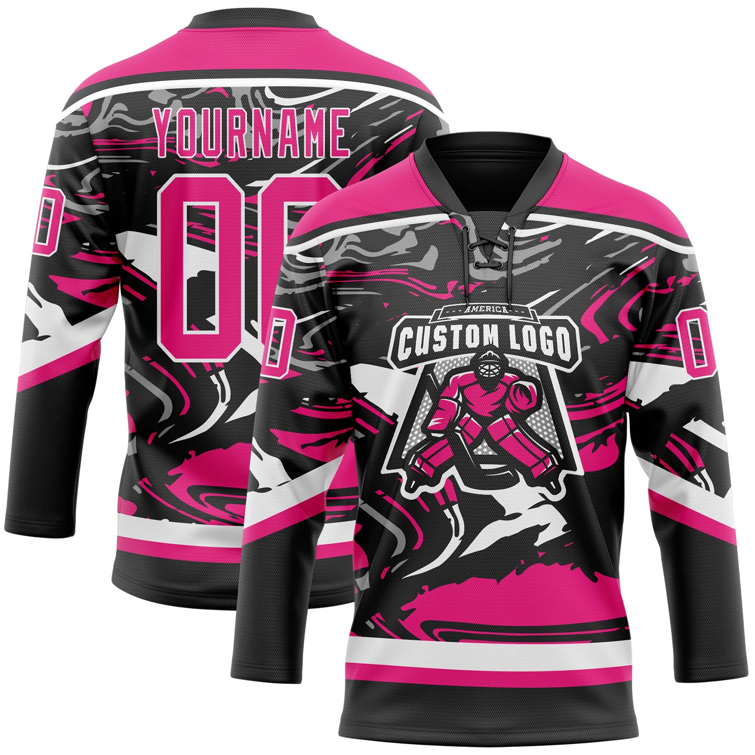 Custom Figure Hot Pink Black-White 3D Pattern Fluid Art Hockey Lace Neck Jersey