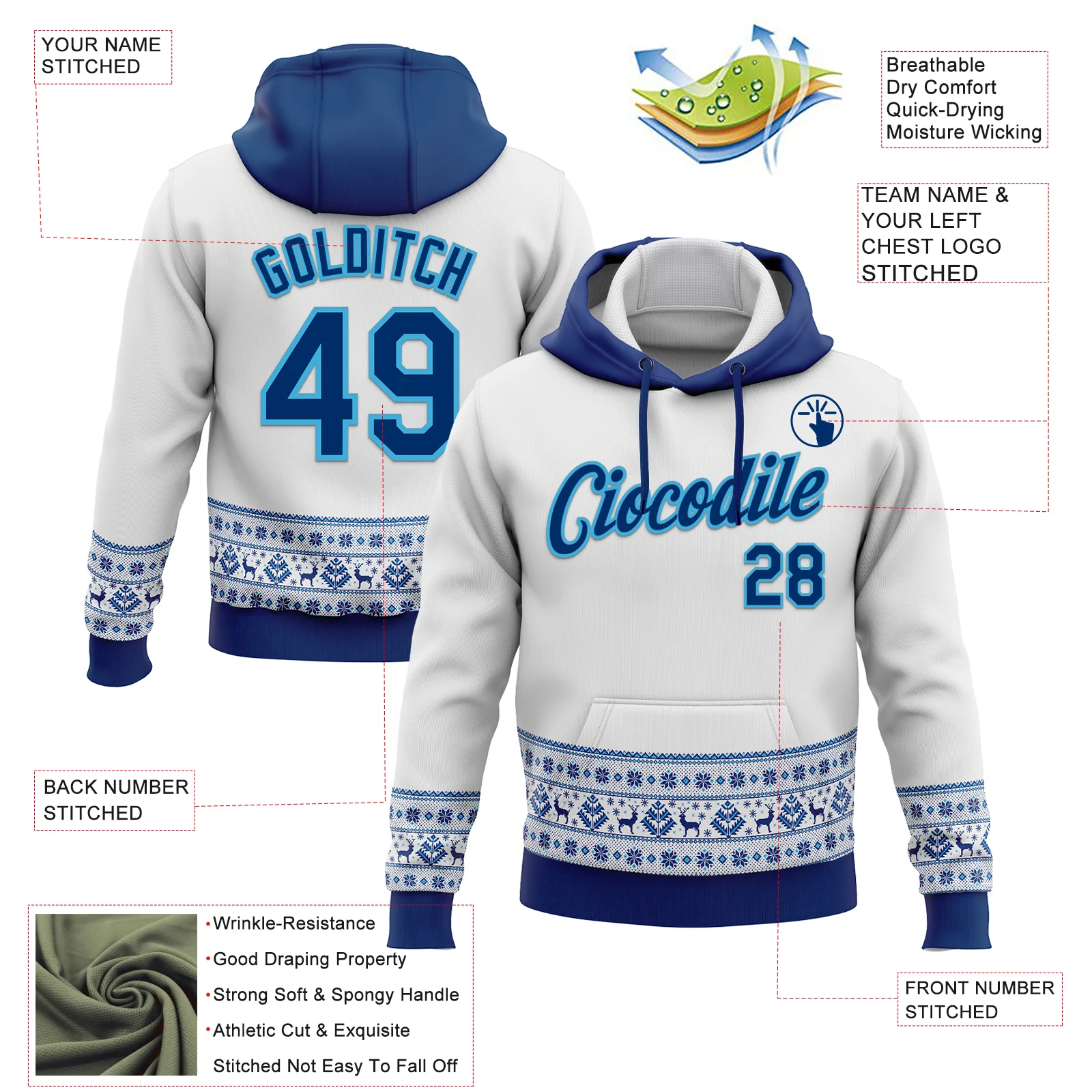Custom Stitched White US Navy Blue-Sky Blue Christmas 3D Sports Pullover Sweatshirt Hoodie