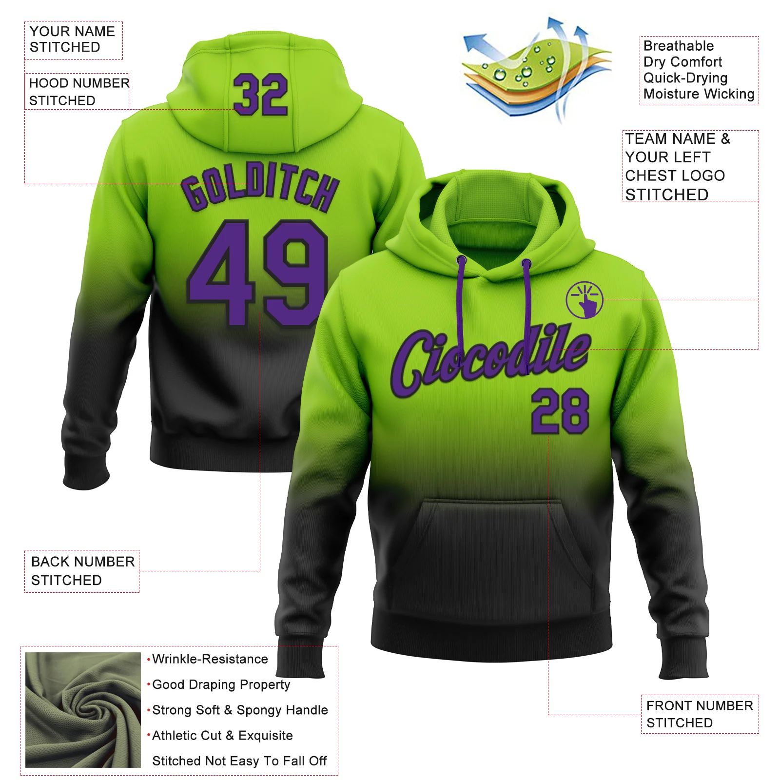 Custom Stitched Neon Green Purple-Black Fade Fashion Sports Pullover Sweatshirt Hoodie