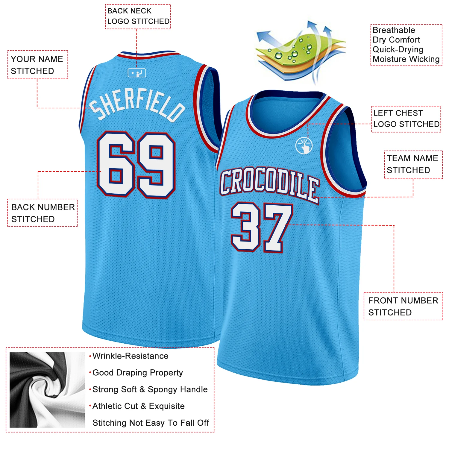 Custom Sky Blue White Royal-Red Authentic Basketball Jersey