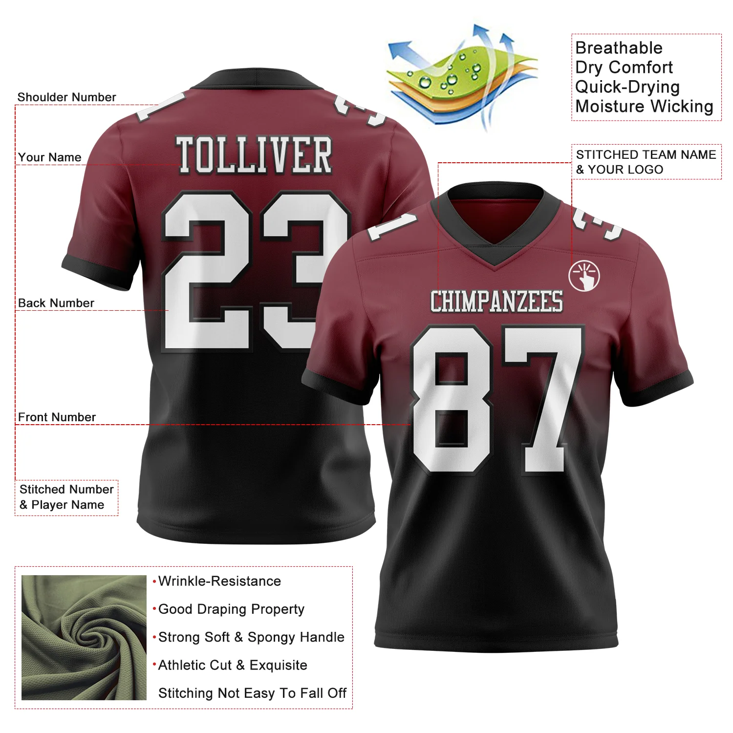 Custom Burgundy White-Black Authentic Fade Fashion Football Jersey