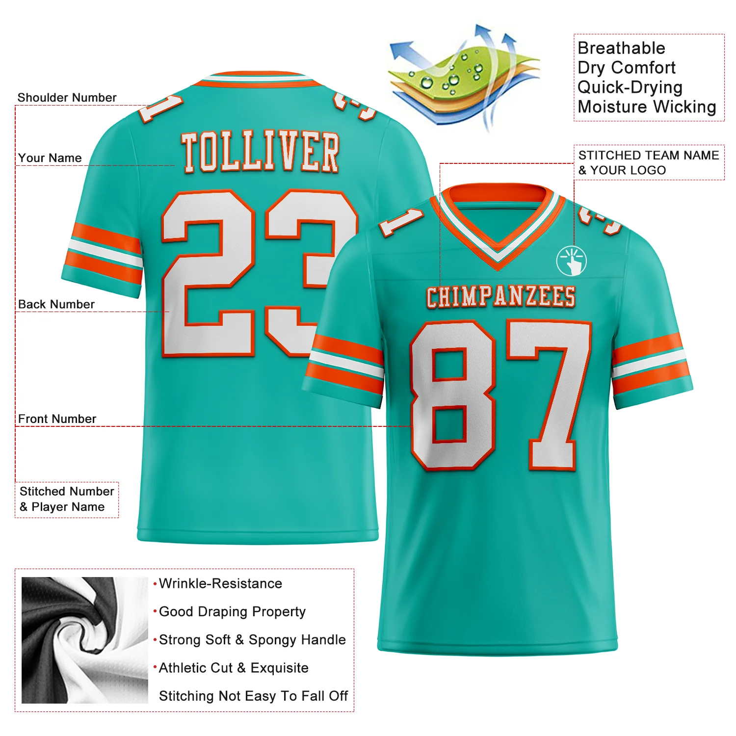 Custom Aqua White-Orange Authentic Football Jersey