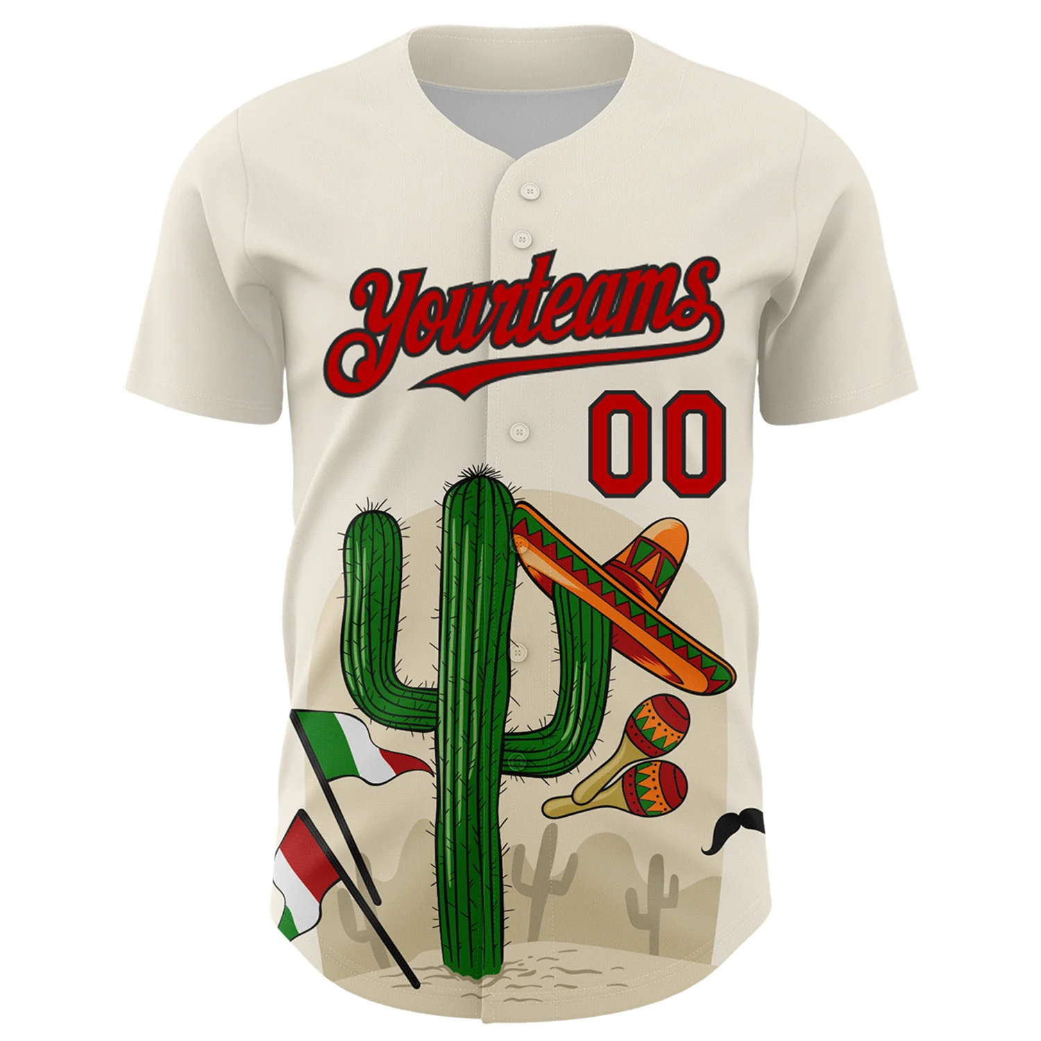 Custom Cream Red-Black 3D Mexican Festival Cactus Sombrero And Flag Cinco de Mayo Authentic Baseball Jersey