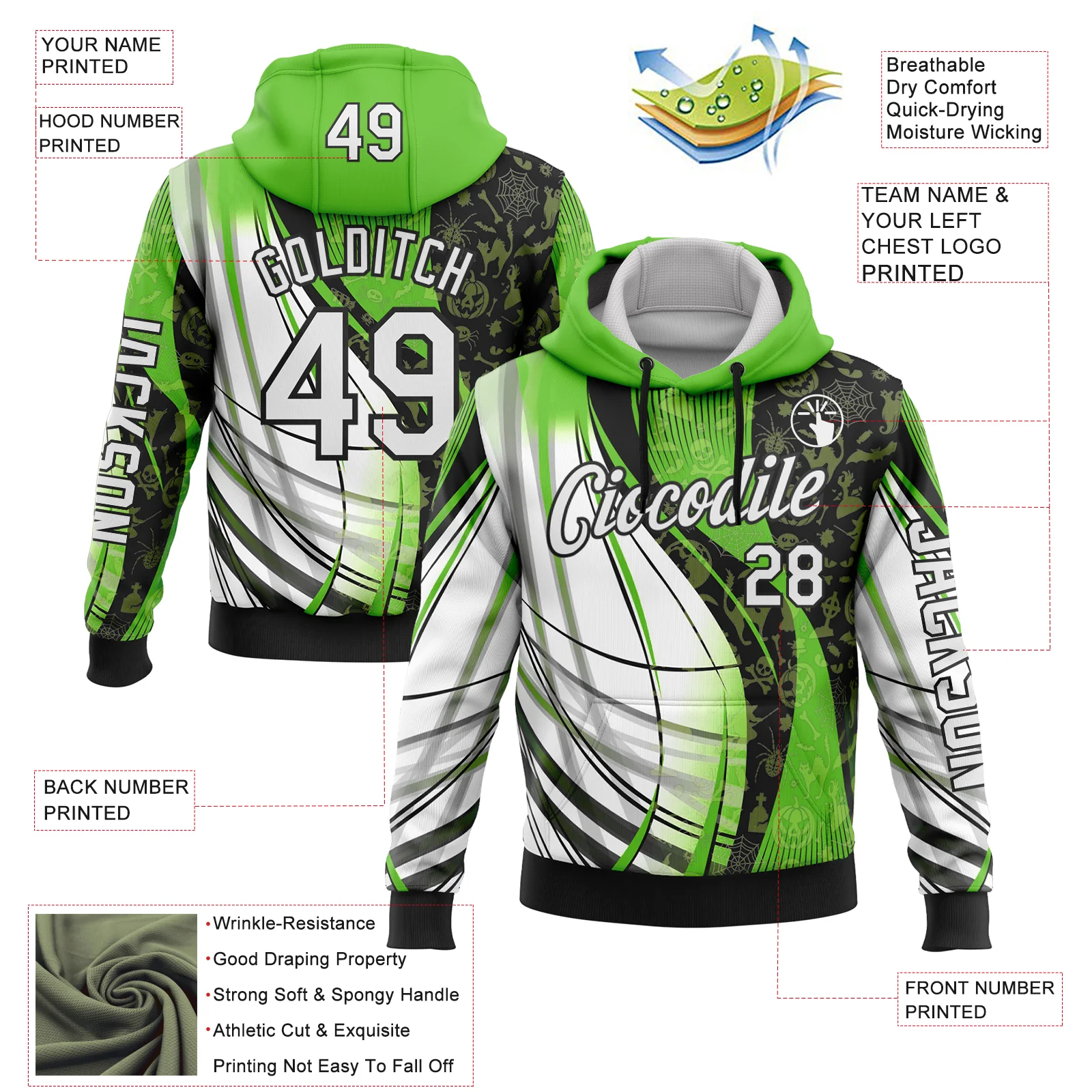 Custom Green White-Black 3D Halloween Spooky Sportswear Sports Pullover Sweatshirt Hoodie