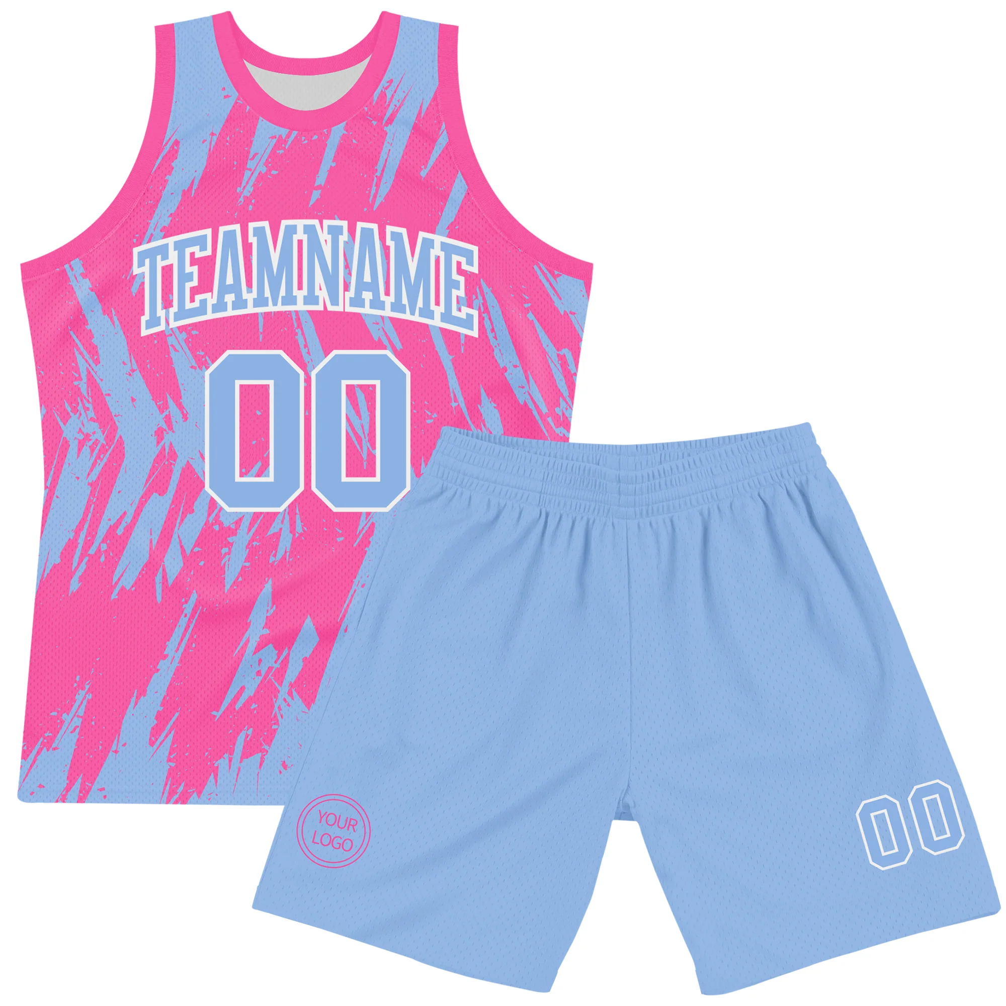 Custom Pink Light Blue-White Abstract Sharp Shape Fragment Art Round Neck Sublimation Basketball Suit Jersey