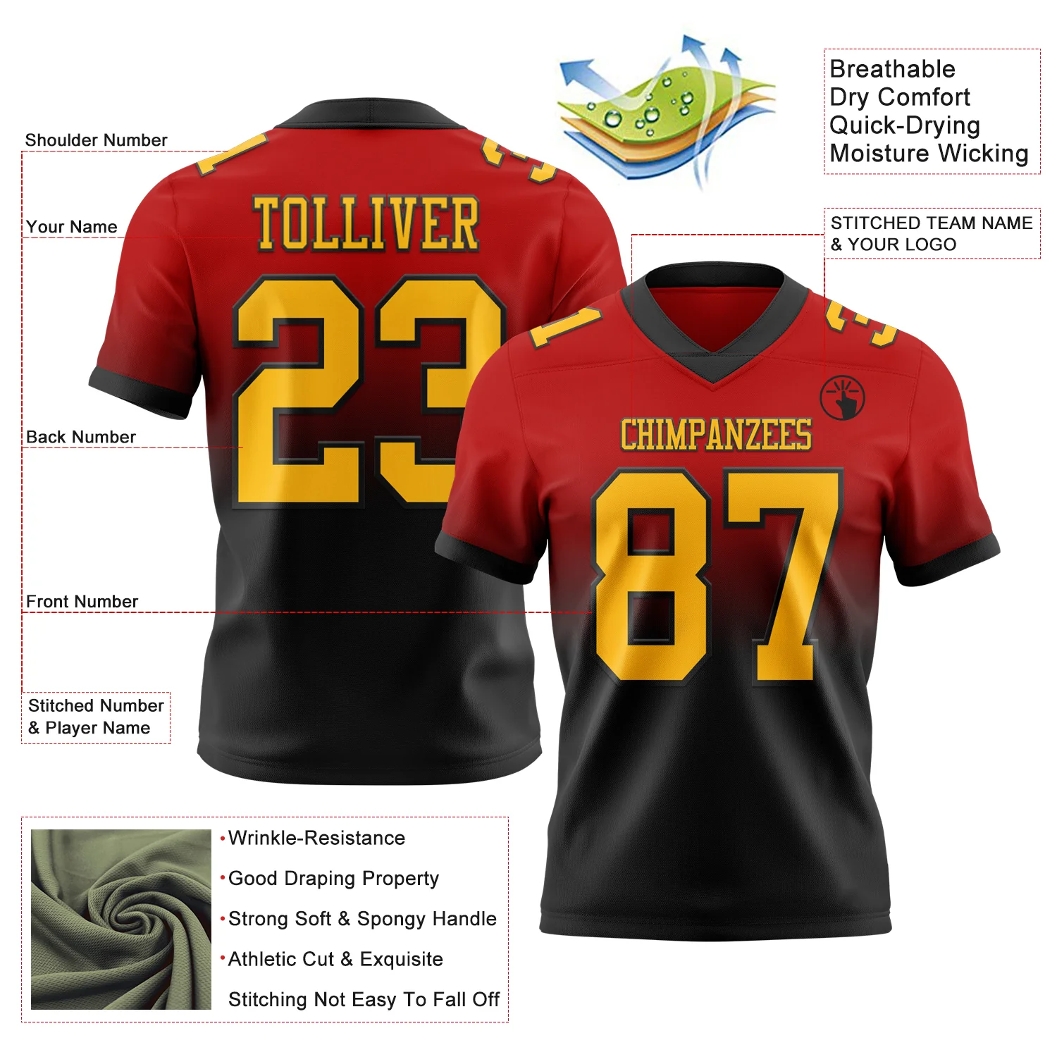Custom Red Gold-Black Authentic Fade Fashion Football Jersey