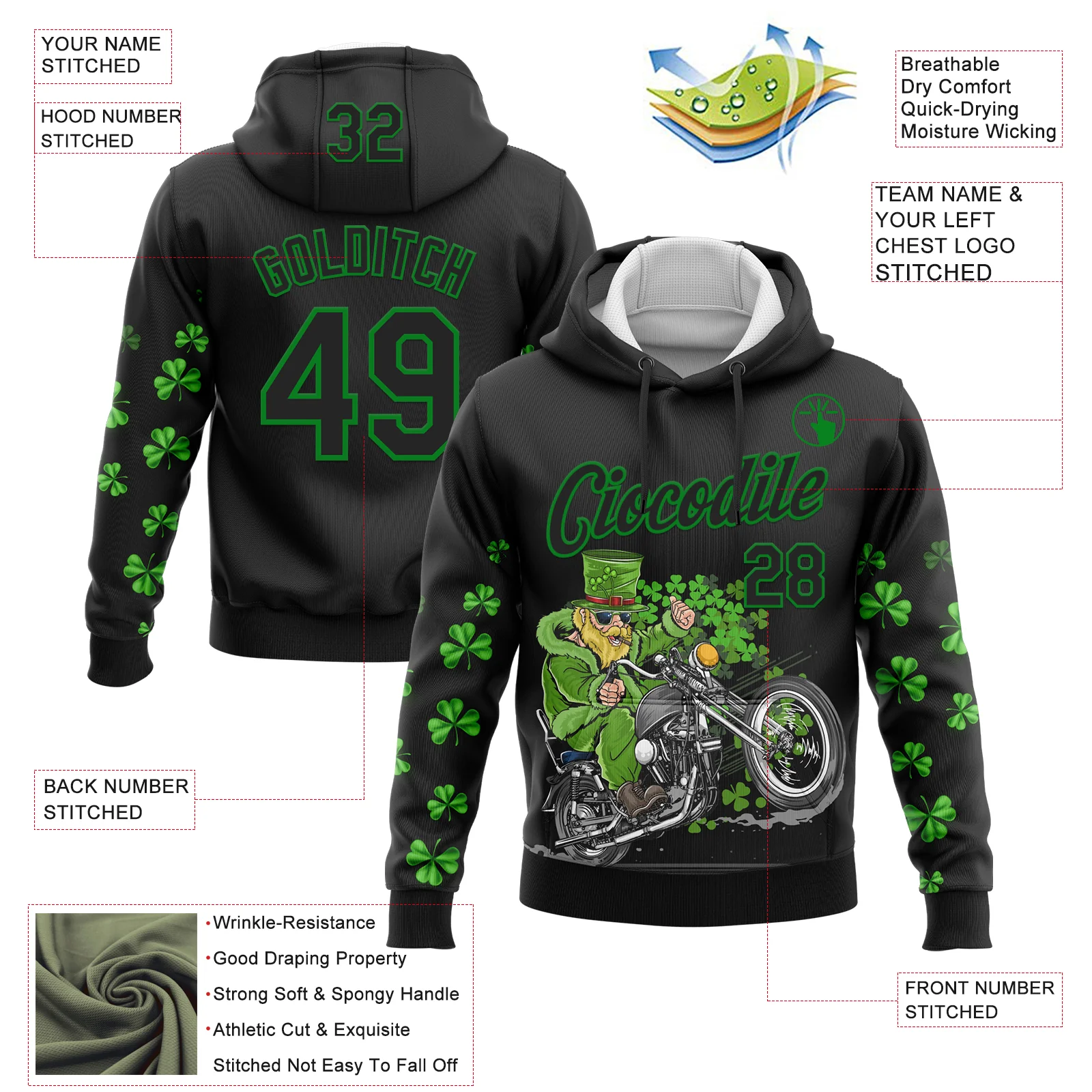 Custom Stitched Black Grass Green 3D Pattern Design St. Patrick's Day Motorcycle Motocross Racing Sports Pullover Sweatshirt Hoodie