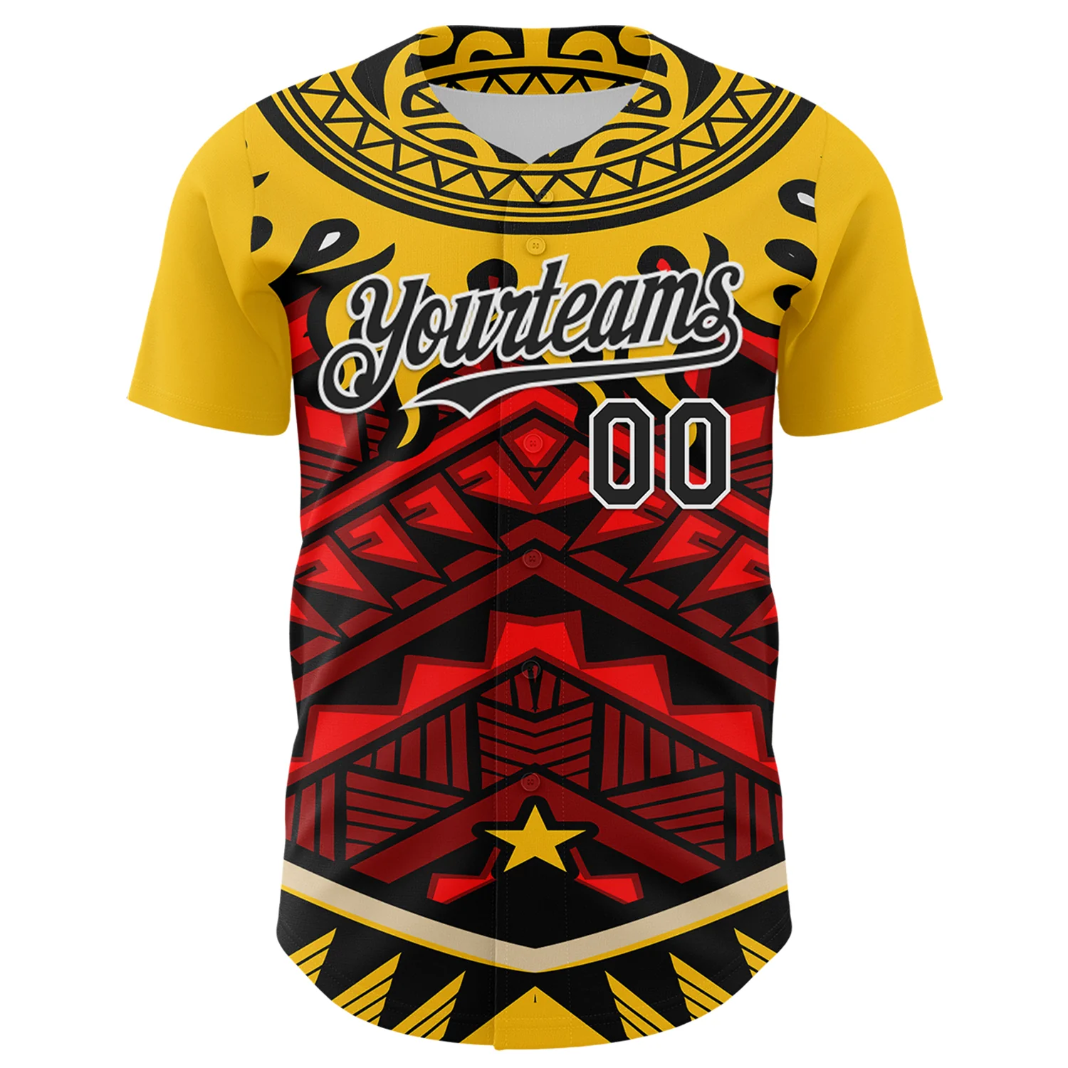 Custom Yellow Black Red-White 3D Pattern Design Rave Party Tribal Authentic Baseball Jersey