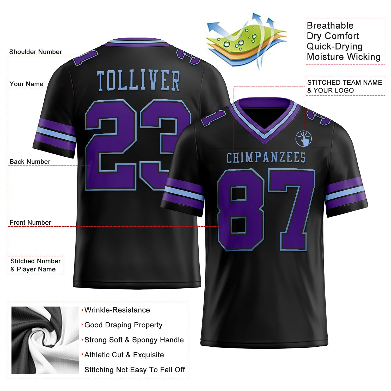 Custom Black Purple-Light Blue Authentic Football Jersey