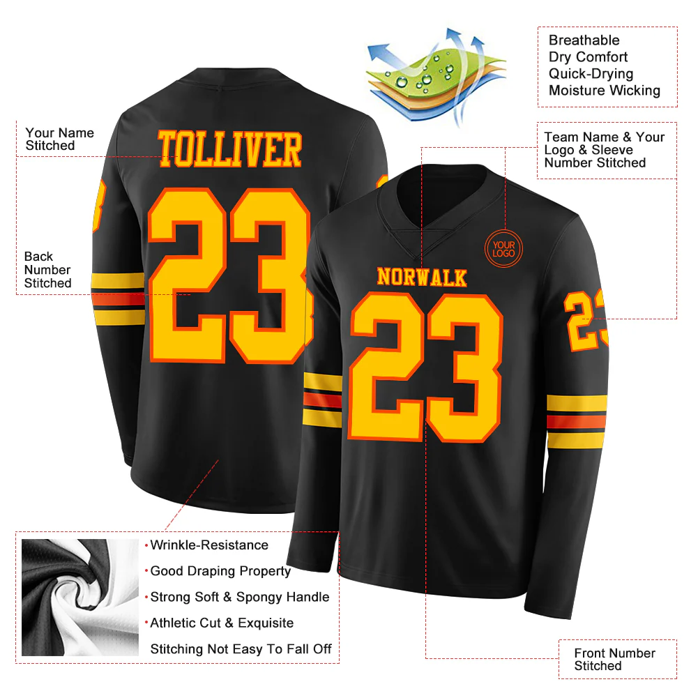 Custom Black Yellow-Orange Long Sleeve Authentic Football Jersey