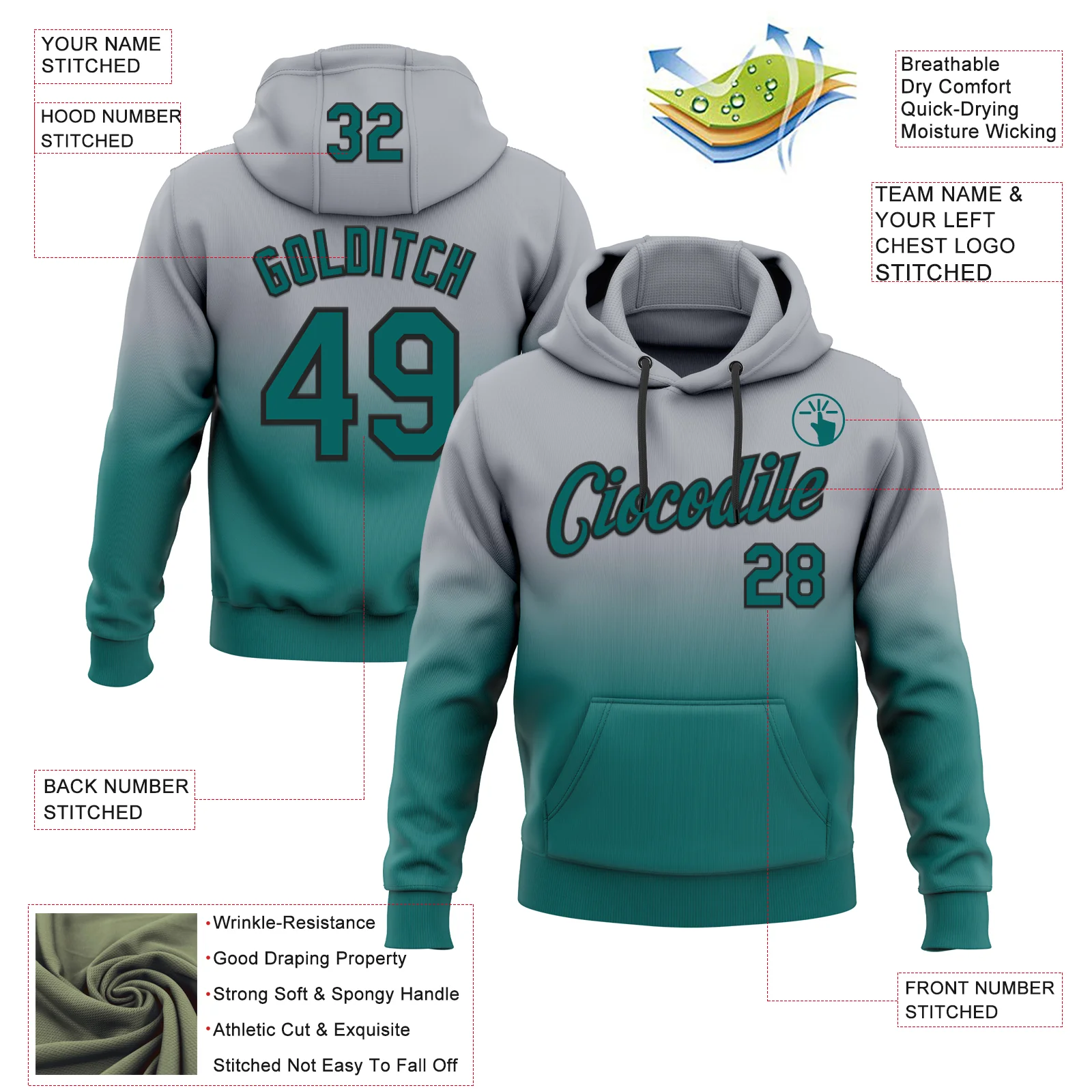 Custom Stitched Gray Teal-Black Fade Fashion Sports Pullover Sweatshirt Hoodie