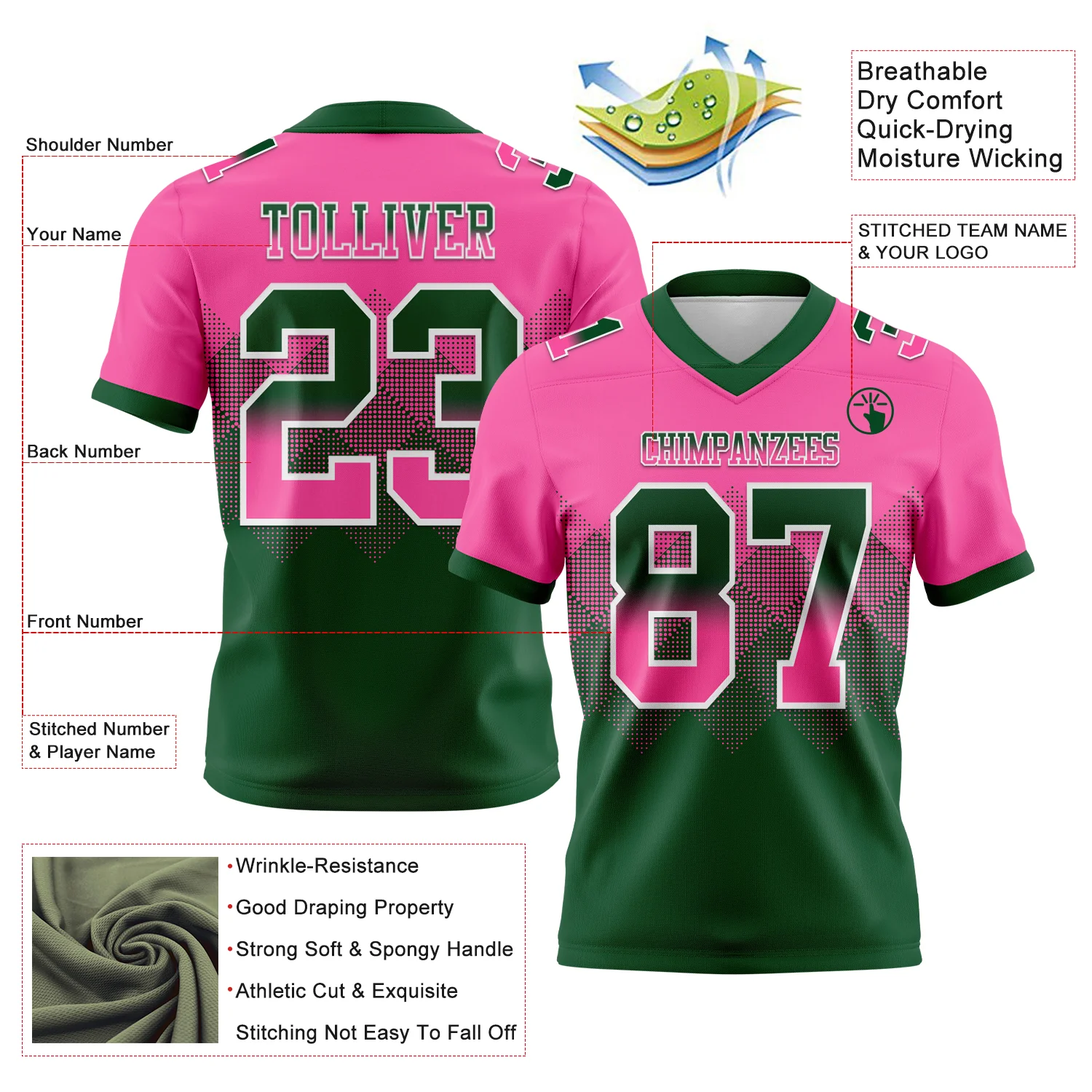 Custom Pink Green-White Authentic Gradient Square Shape Flag Football Jersey