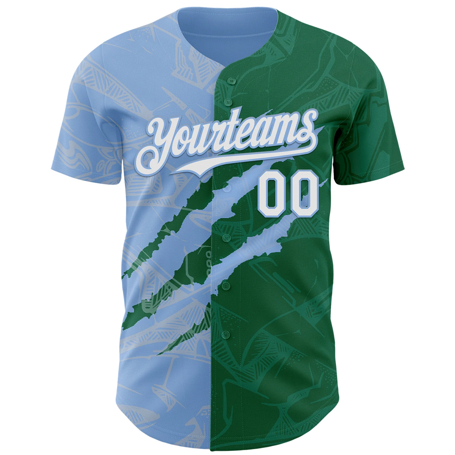 Custom Graffiti Pattern White Kelly Green-Light Blue 3D Scratch Authentic Baseball Jersey