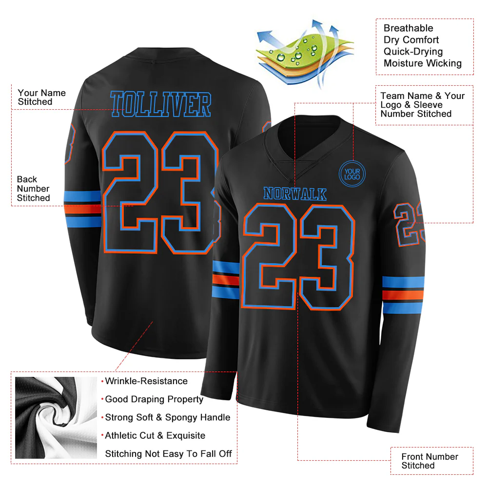 Custom Black Powder Blue-Orange Long Sleeve Authentic Football Jersey