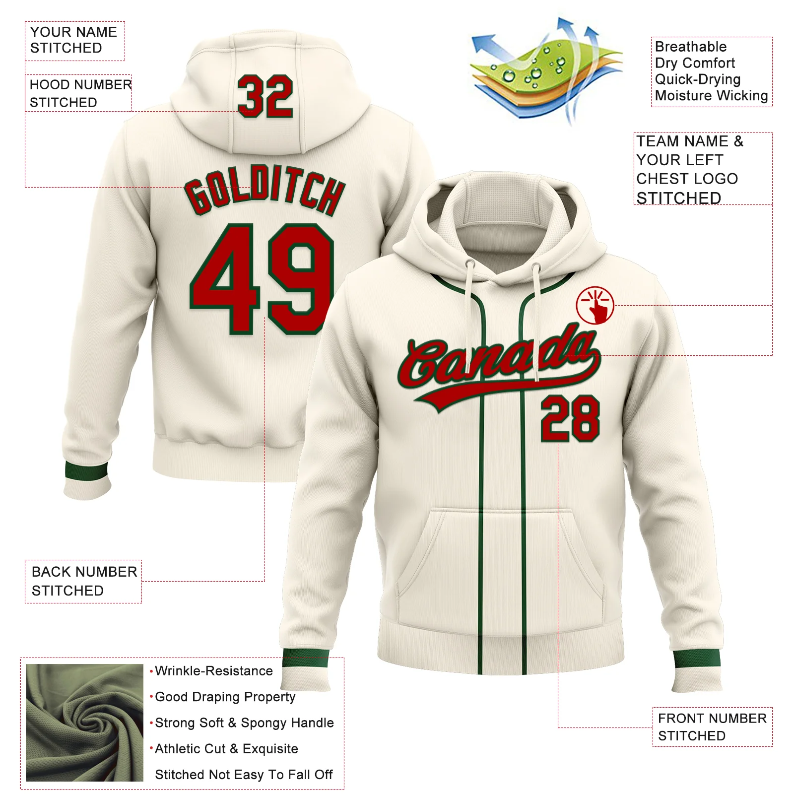 Custom Stitched Cream Red-Green Baseball Pullover Sweatshirt Hoodie