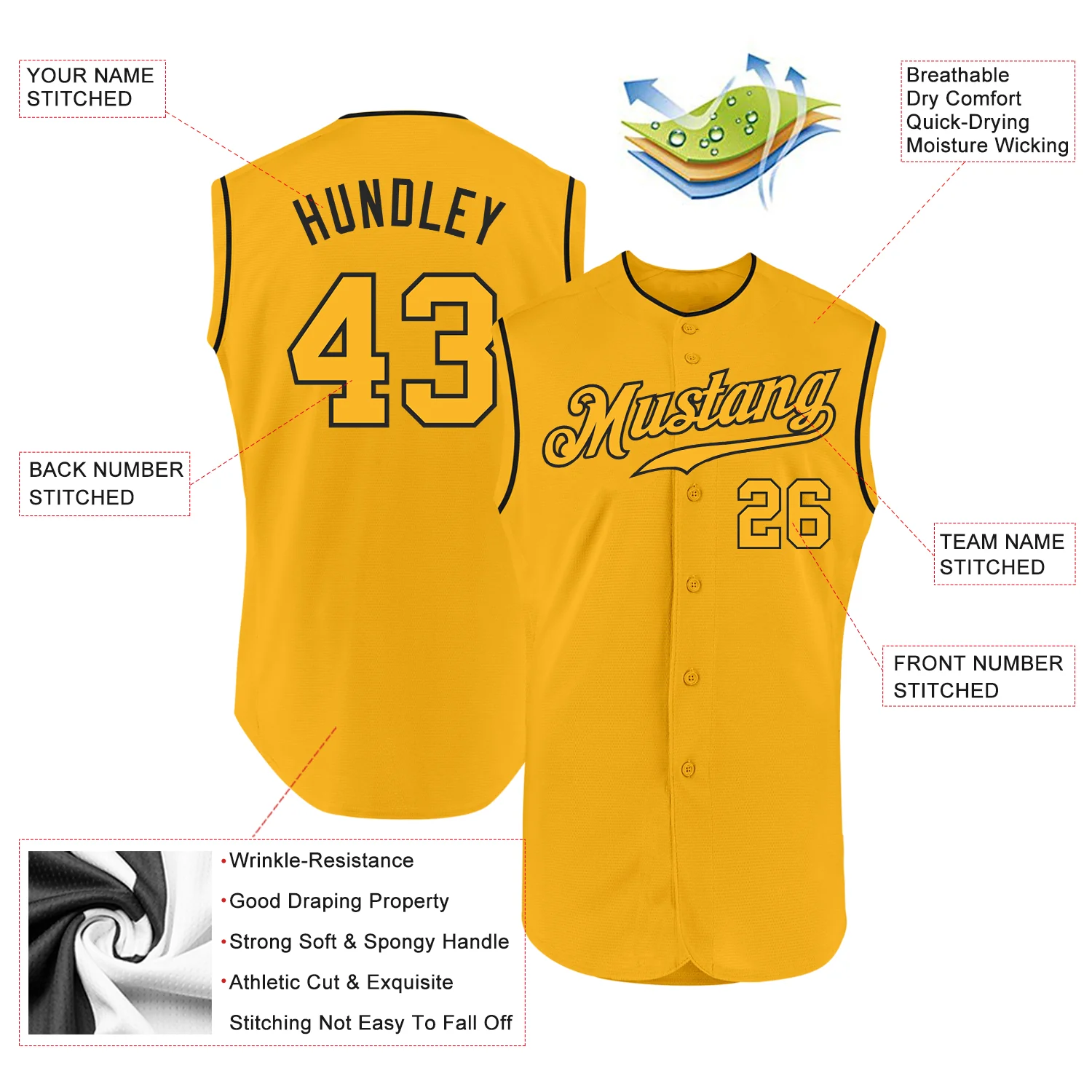 Custom Gold Gold-Black Authentic Sleeveless Baseball Jersey