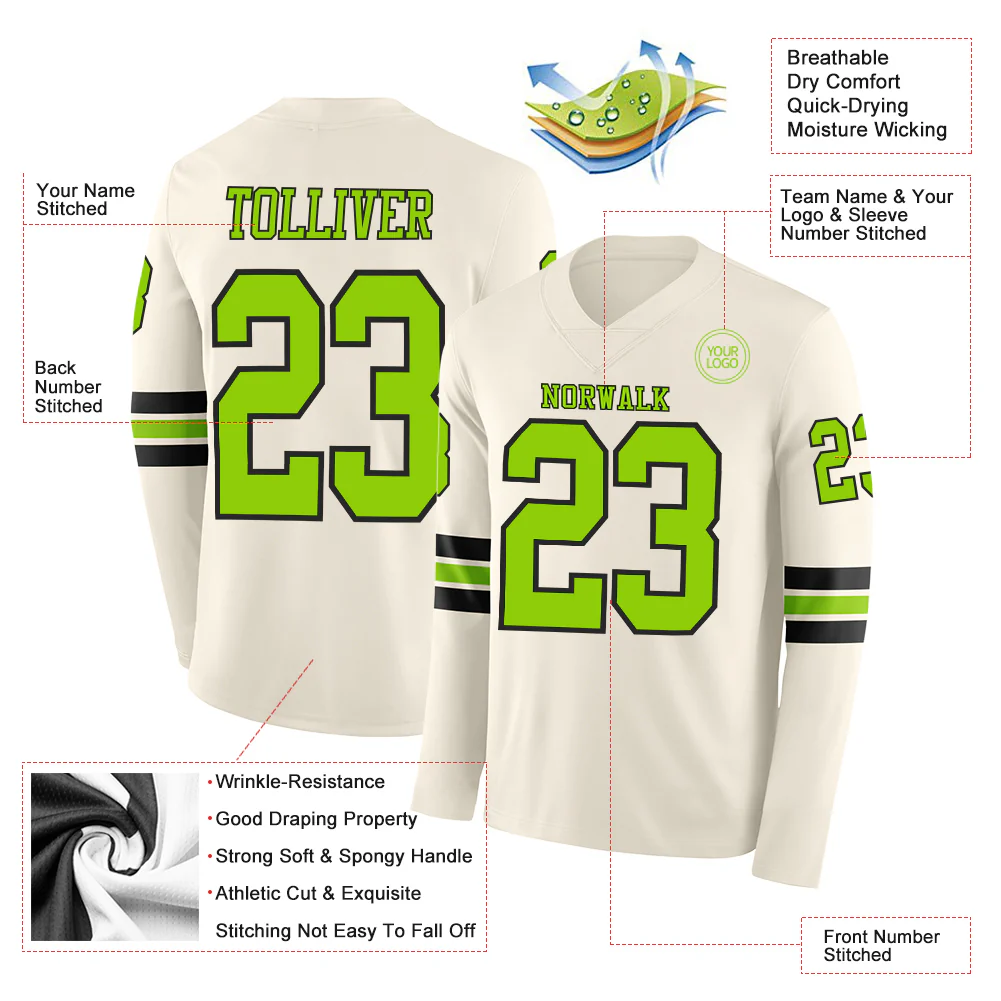 Custom Cream Neon Green-Black Long Sleeve Authentic Football Jersey