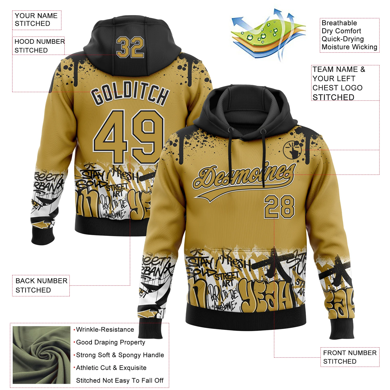 Custom Stitched Old Gold Black-White 3D Graffiti Splash Street Art Sports Pullover Sweatshirt Hoodie