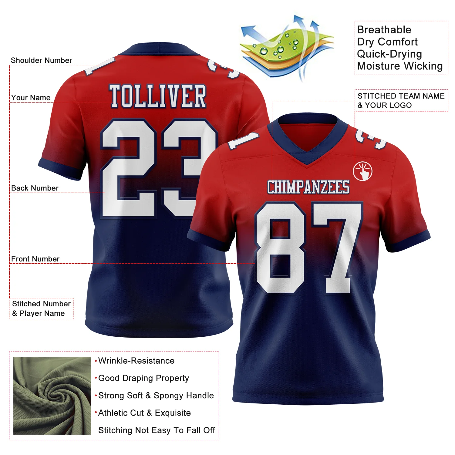 Custom Red White-Navy Authentic Fade Fashion Football Jersey