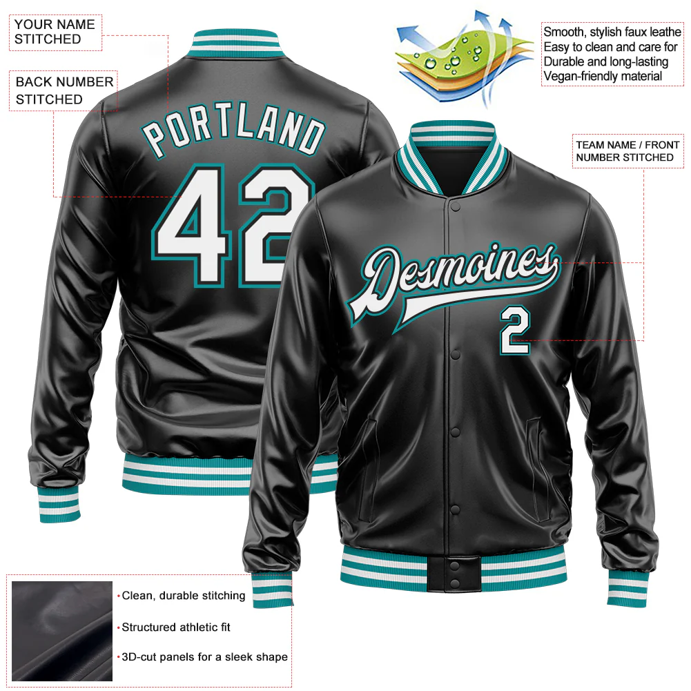 Custom Black White-Teal Bomber Full-Snap Varsity Faux Leather Letterman Jacket