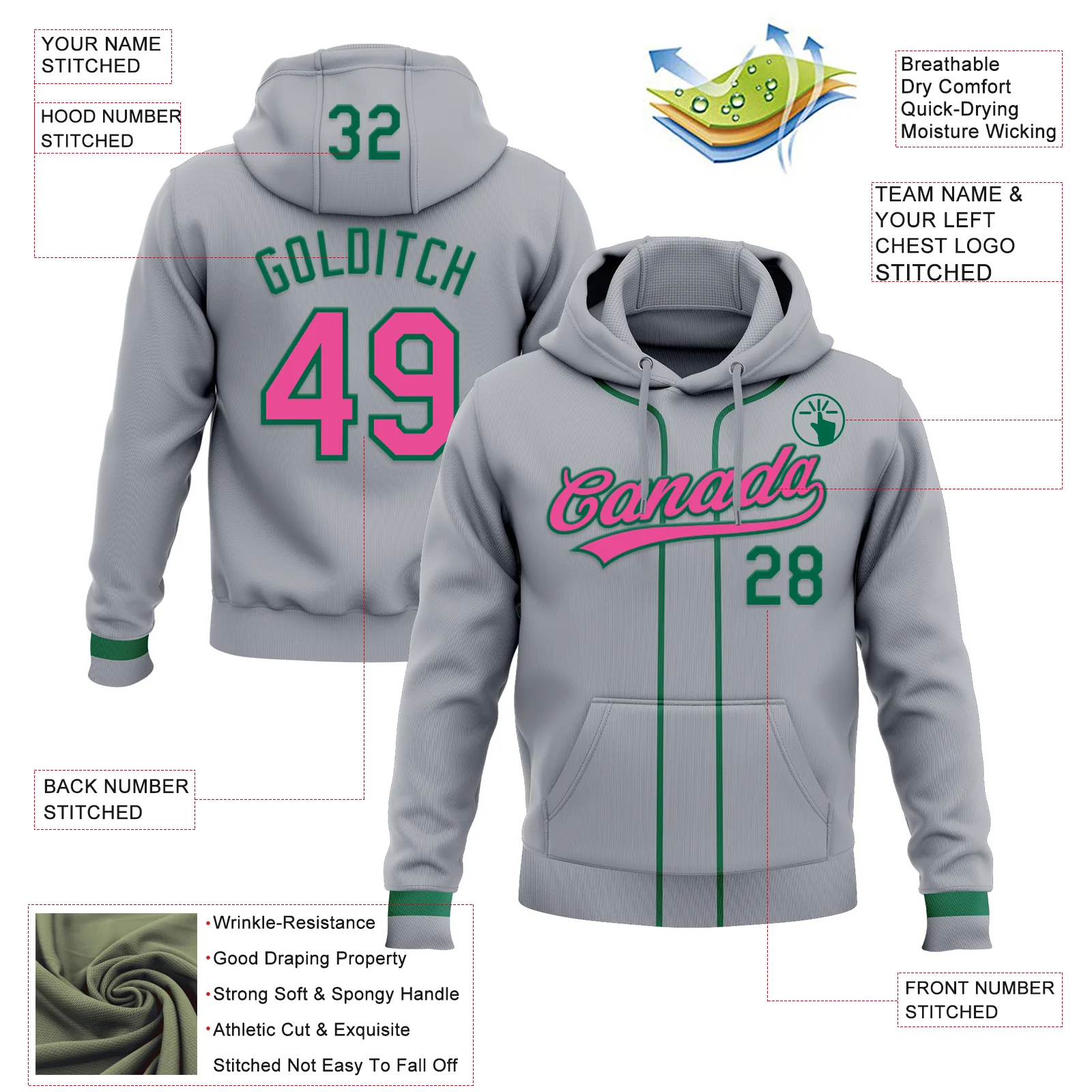 Custom Stitched Gray Pink-Kelly Green Baseball Pullover Sweatshirt Hoodie