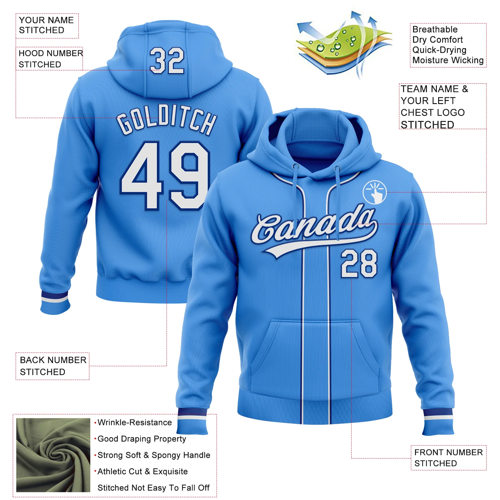 Custom Stitched Powder Blue White-Royal Baseball Pullover Sweatshirt Hoodie