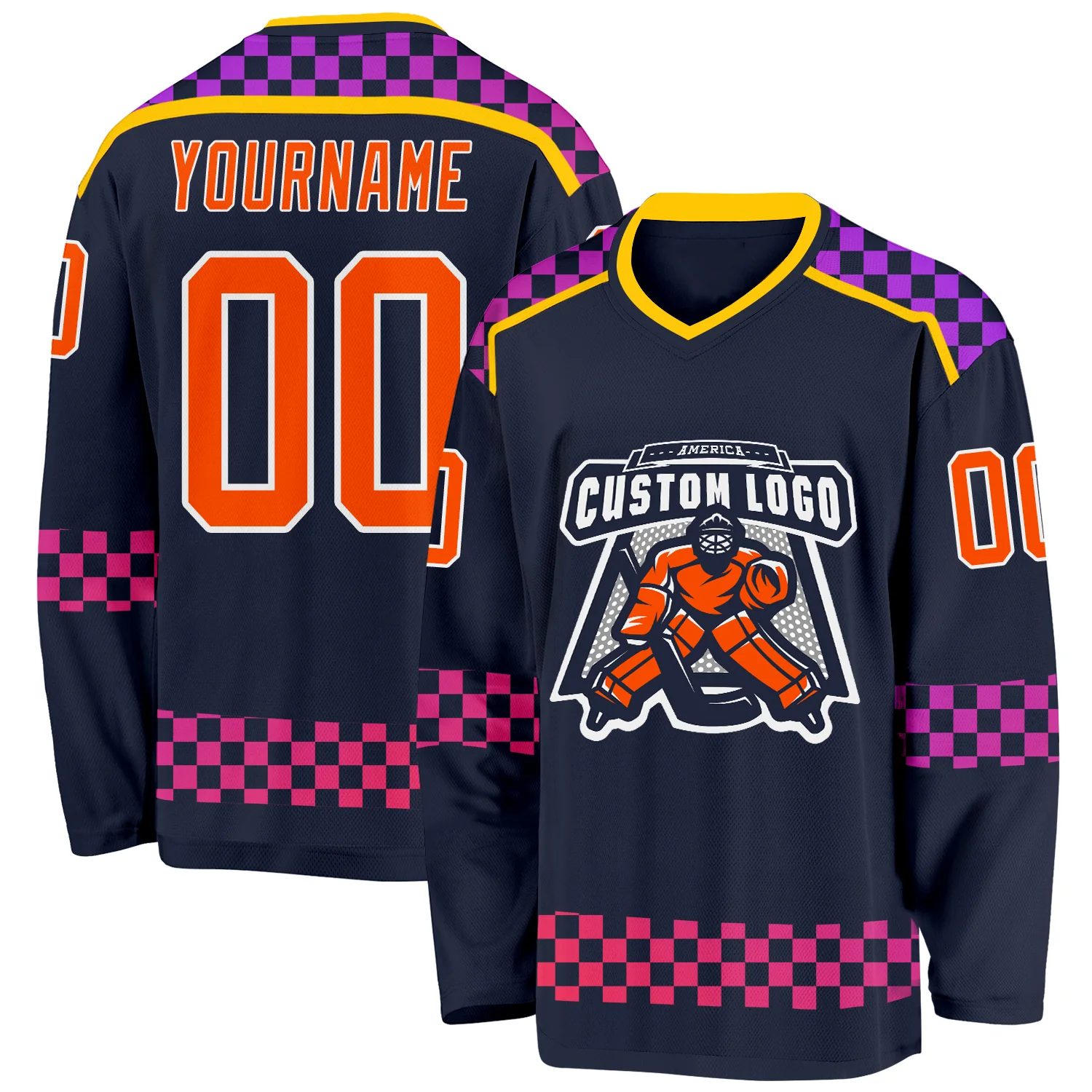 Custom Navy Orange Purple Pink-White 3D Pattern Plaid Hockey Jersey