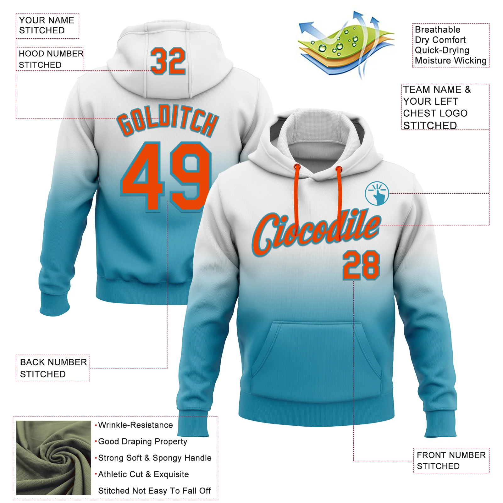 Custom Stitched White Orange-Panther Blue Fade Fashion Sports Pullover Sweatshirt Hoodie
