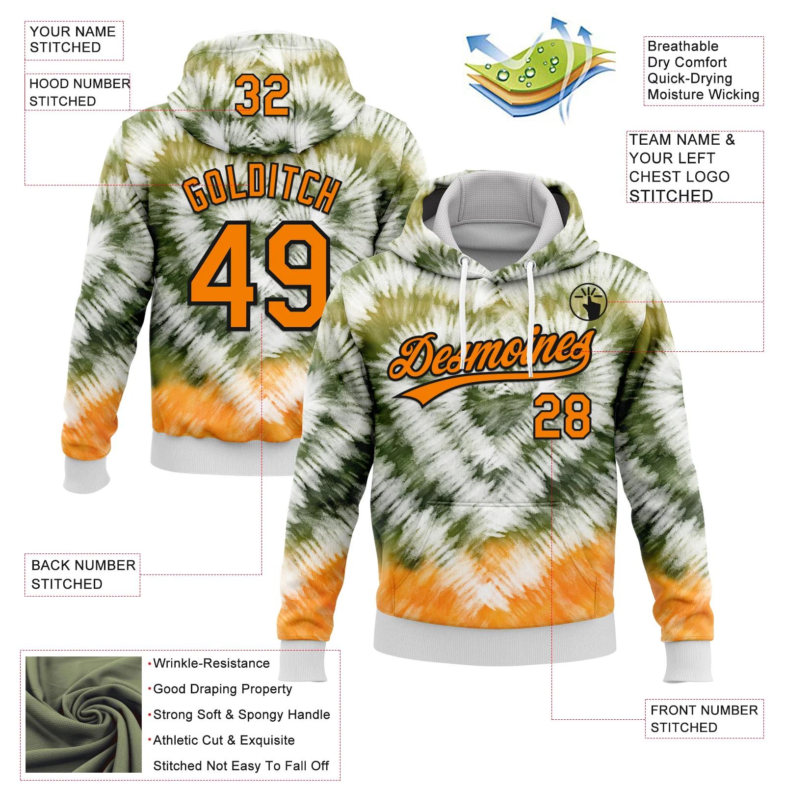 Custom Stitched Tie Dye Bay Orange-Black 3D Sports Pullover Sweatshirt Hoodie