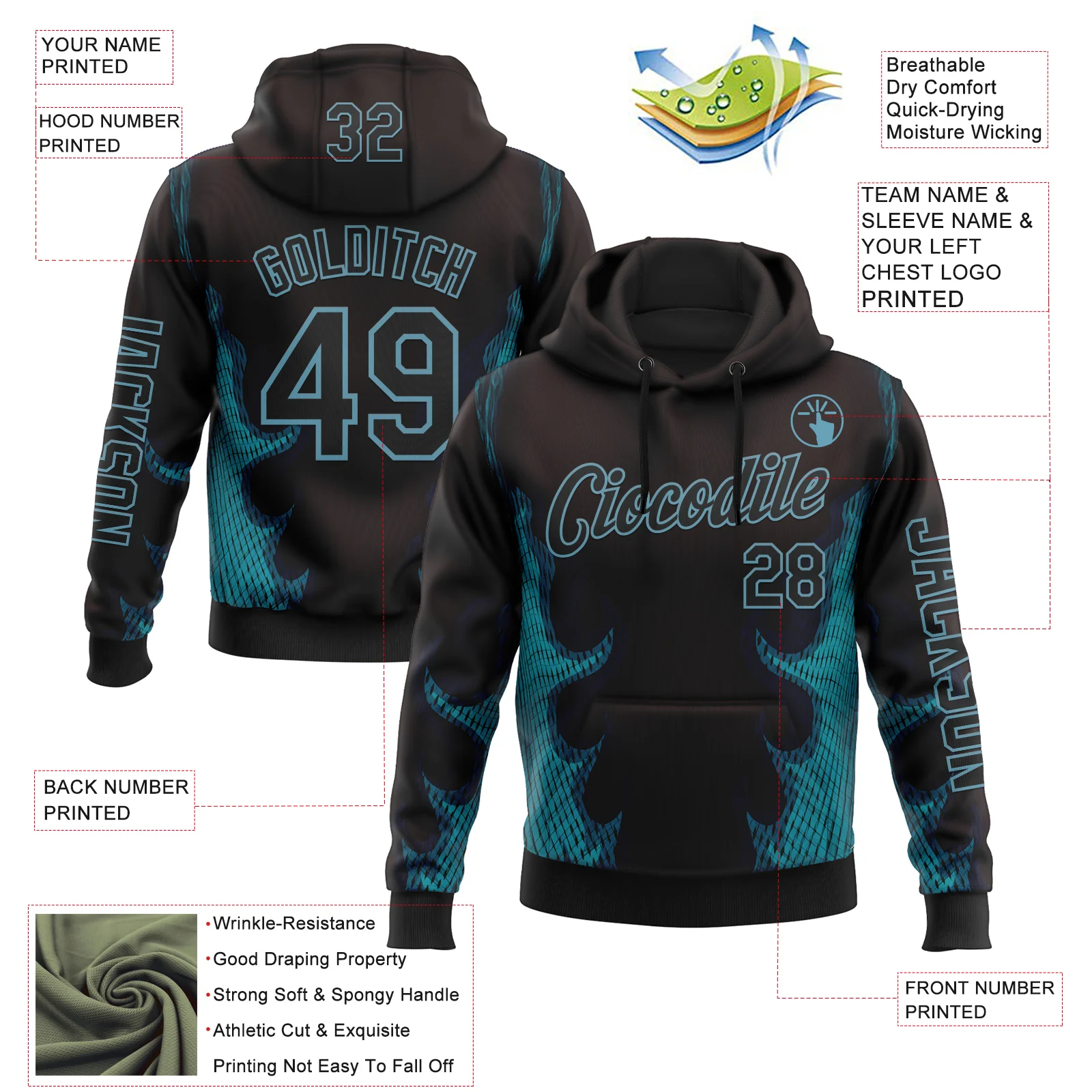 Custom Black Shadow Blue 3D Abstract Flame Sports Pullover Sweatshirt Hoodie