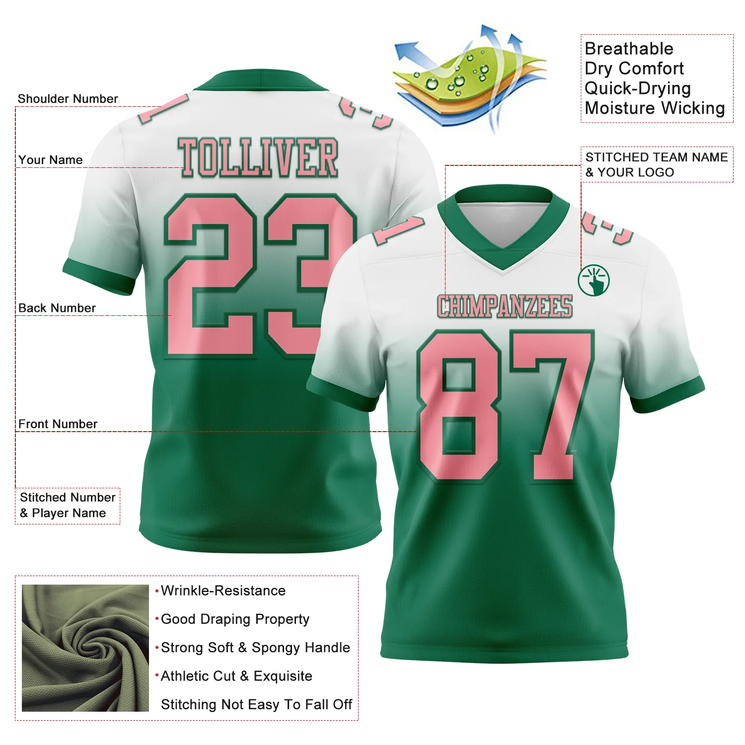 Custom White Medium Pink-Kelly Green Authentic Fade Fashion Football Jersey