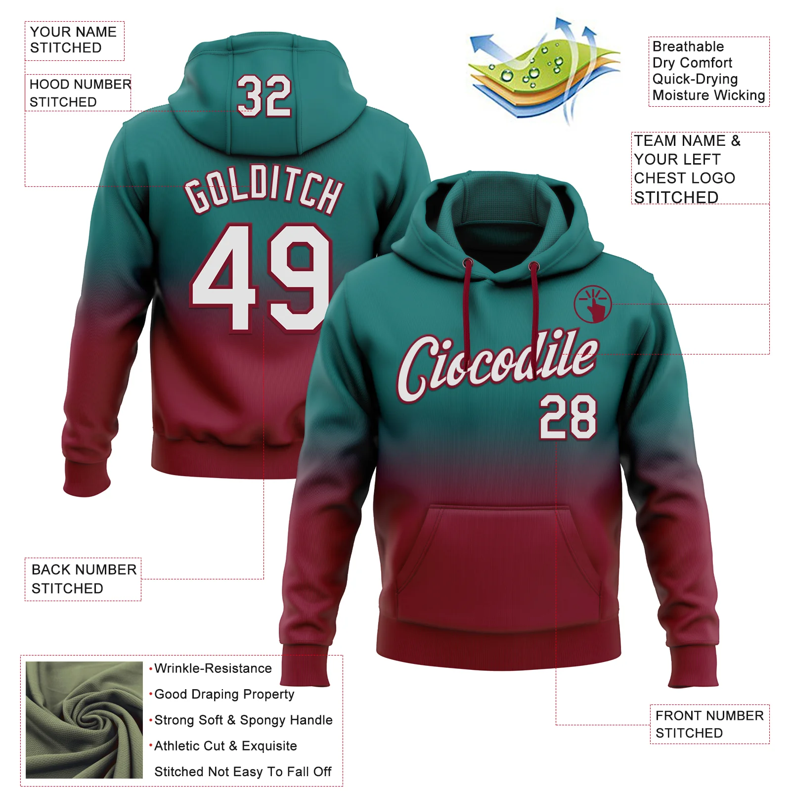 Custom Stitched Teal White-Crimson Fade Fashion Sports Pullover Sweatshirt Hoodie