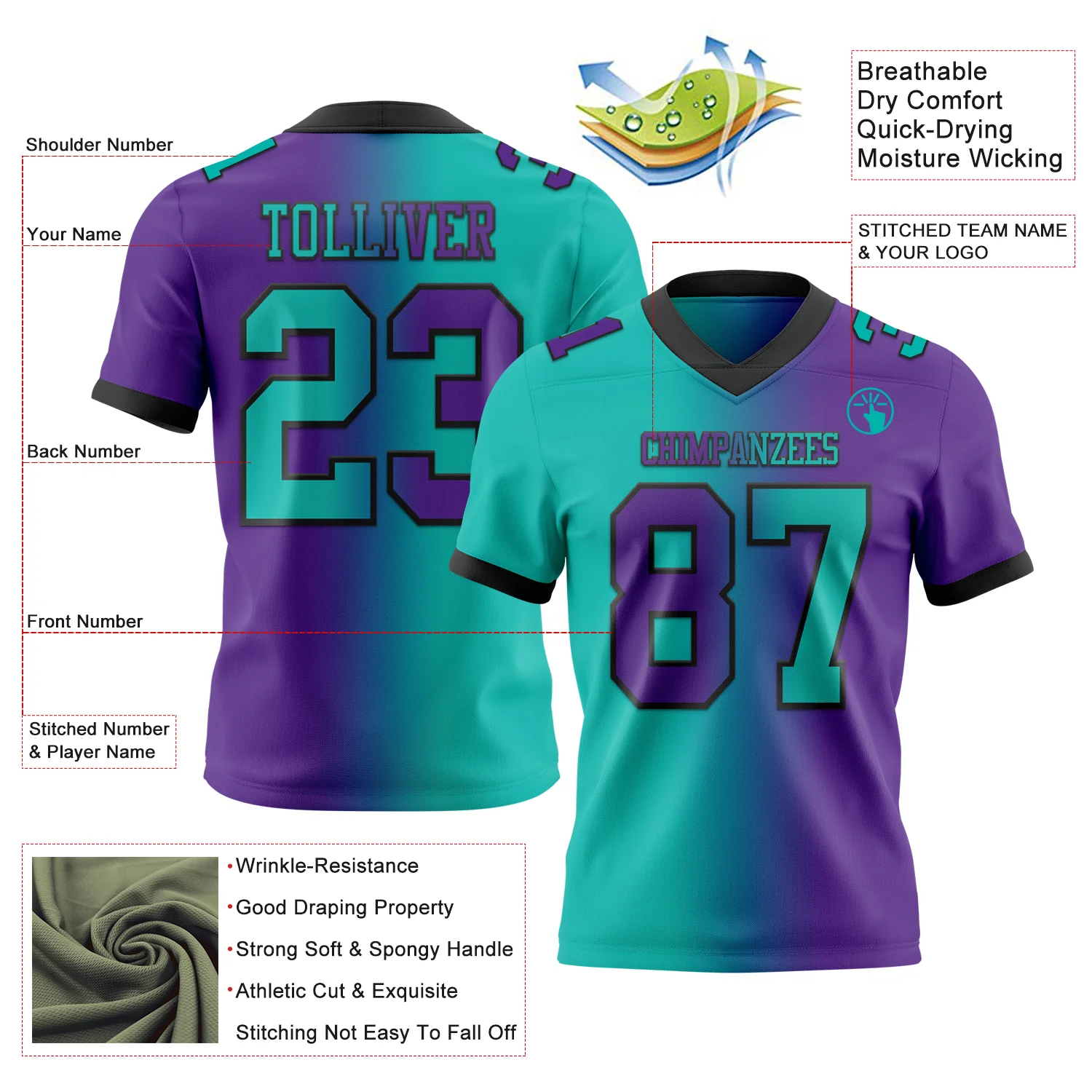 Custom Purple Aqua-Black Authentic Gradient Fashion Football Jersey