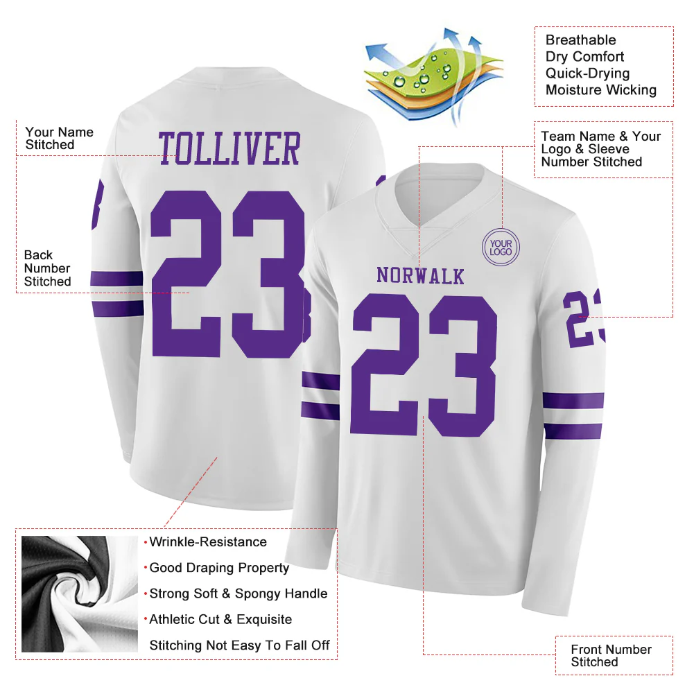 Custom White Purple Long Sleeve Authentic Football Jersey