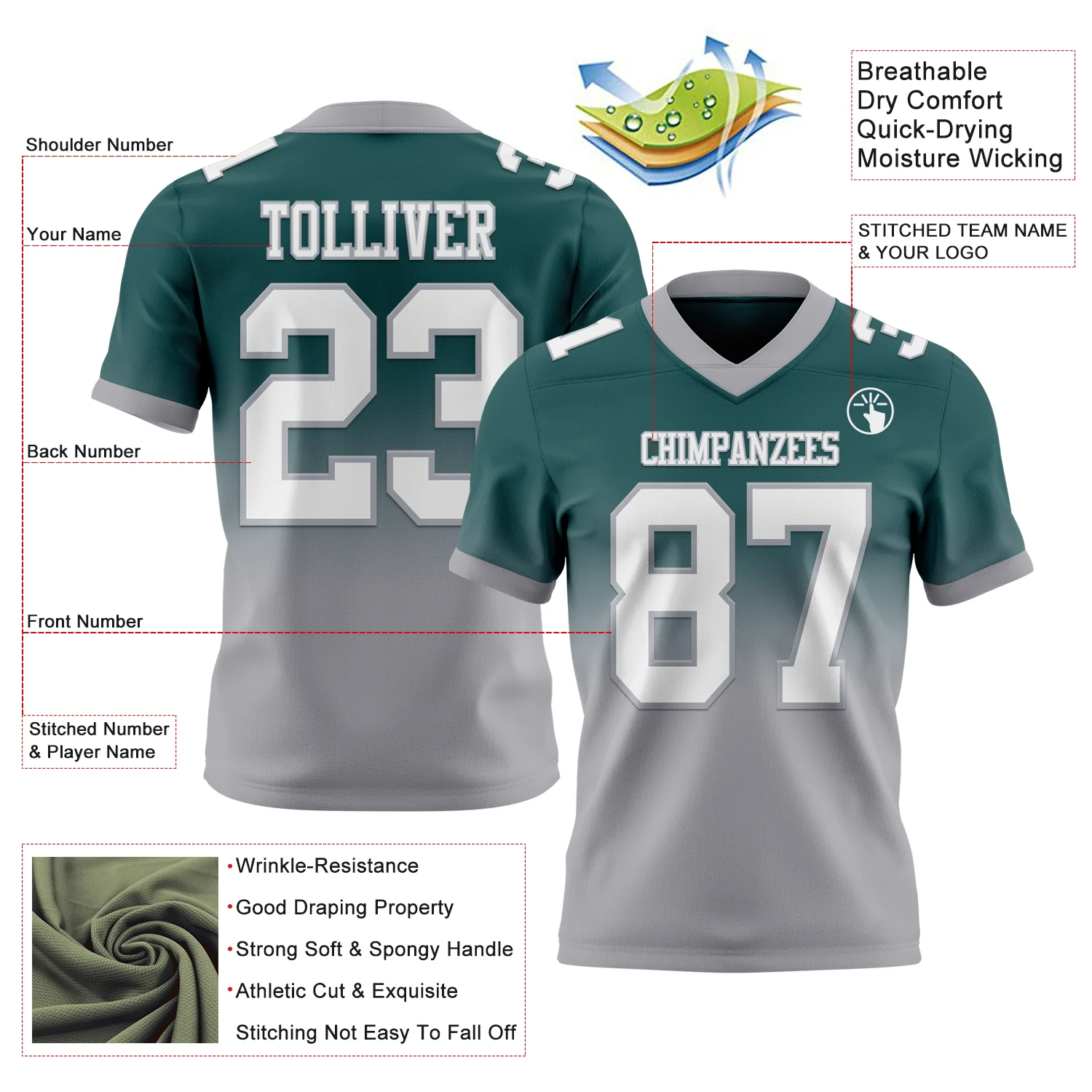 Custom Midnight Green White-Gray Authentic Fade Fashion Football Jersey