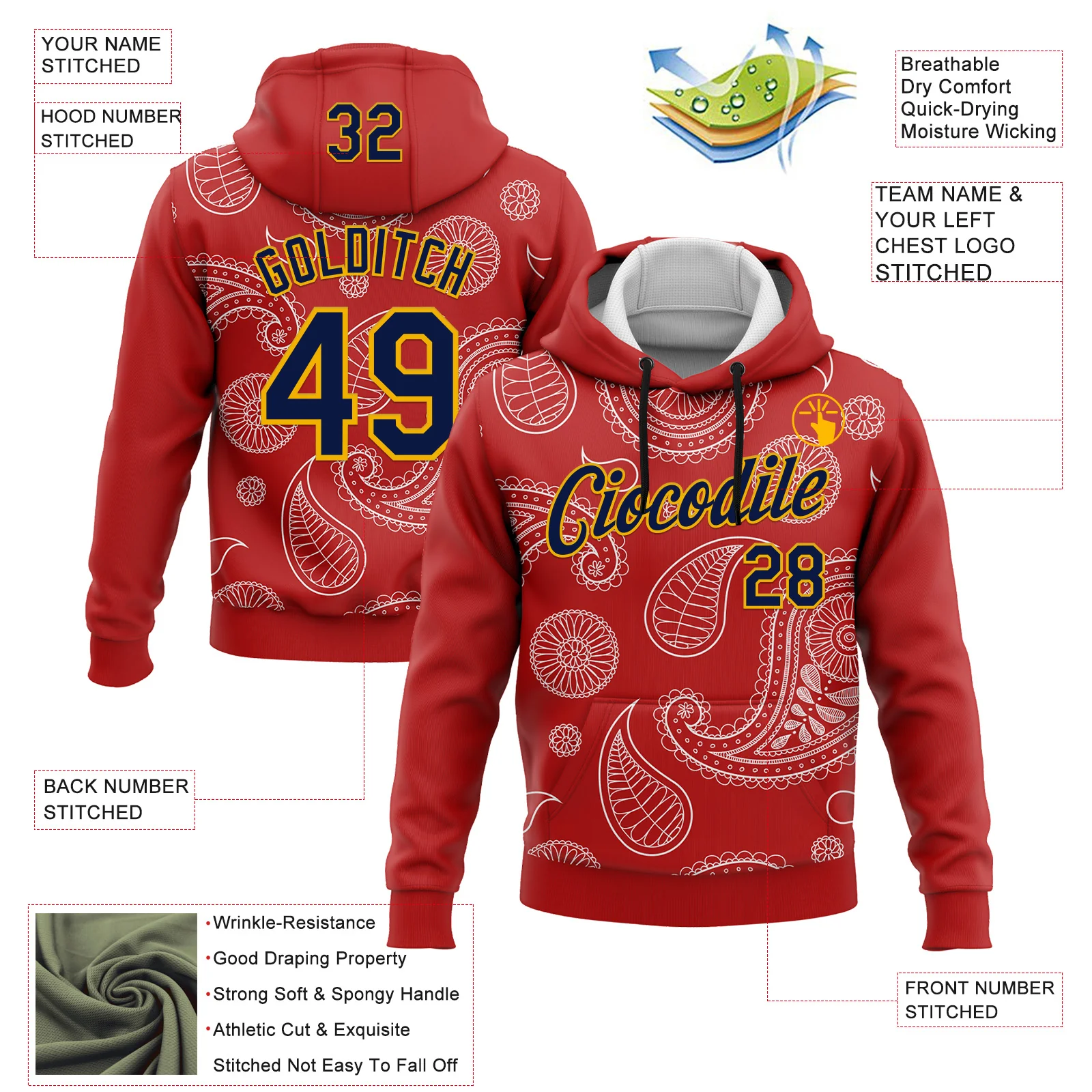 Custom Stitched Red Navy-Gold 3D Pattern Design Ethnic Paisley Floral Bandana Sports Pullover Sweatshirt Hoodie