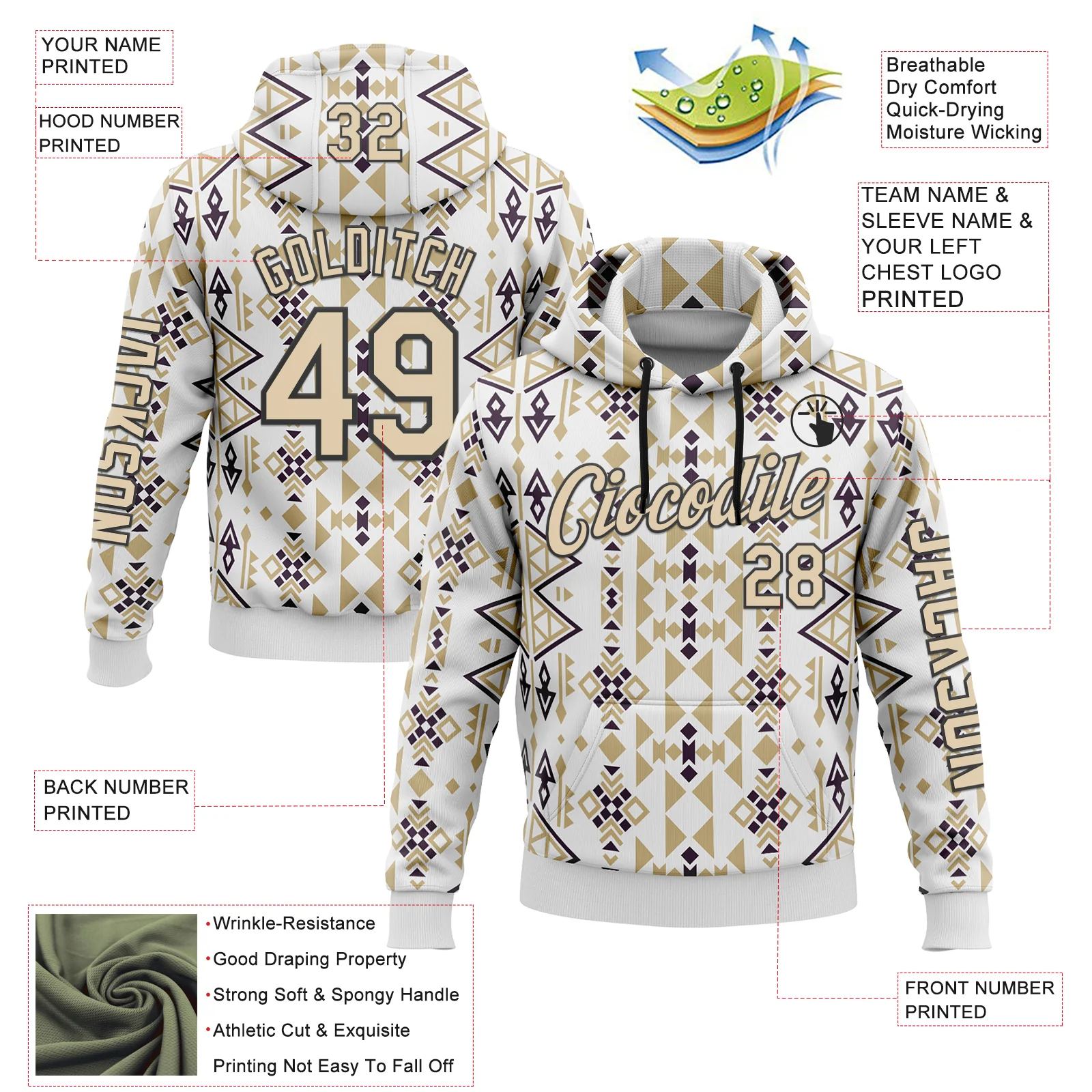 Custom White City Cream-Black 3D Pattern Design Western Cowboy Tribal Ethnic Sports Pullover Sweatshirt Hoodie