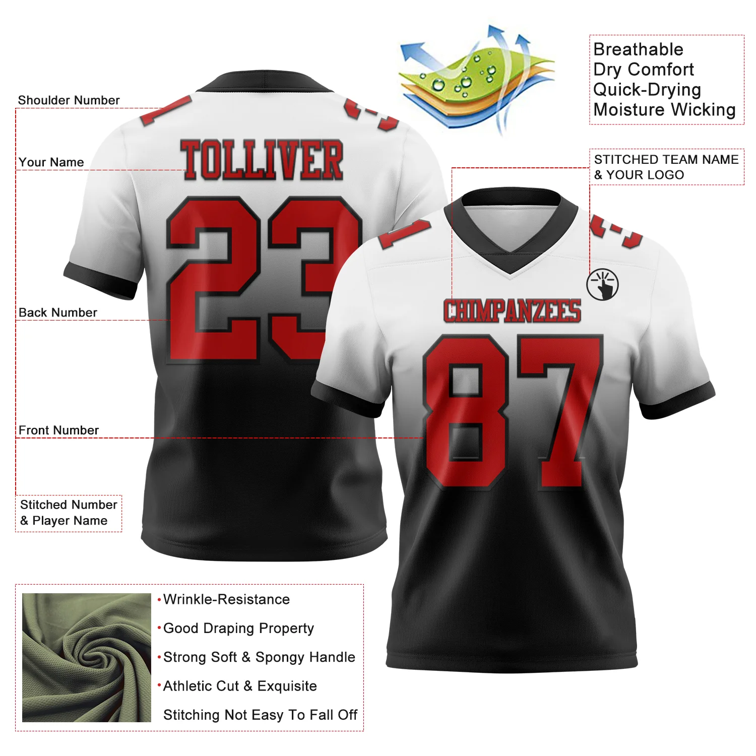 Custom White Red-Black Authentic Fade Fashion Football Jersey