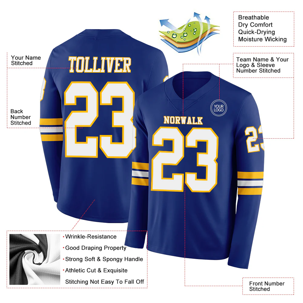 Custom Royal White-Gold Long Sleeve Authentic Football Jersey