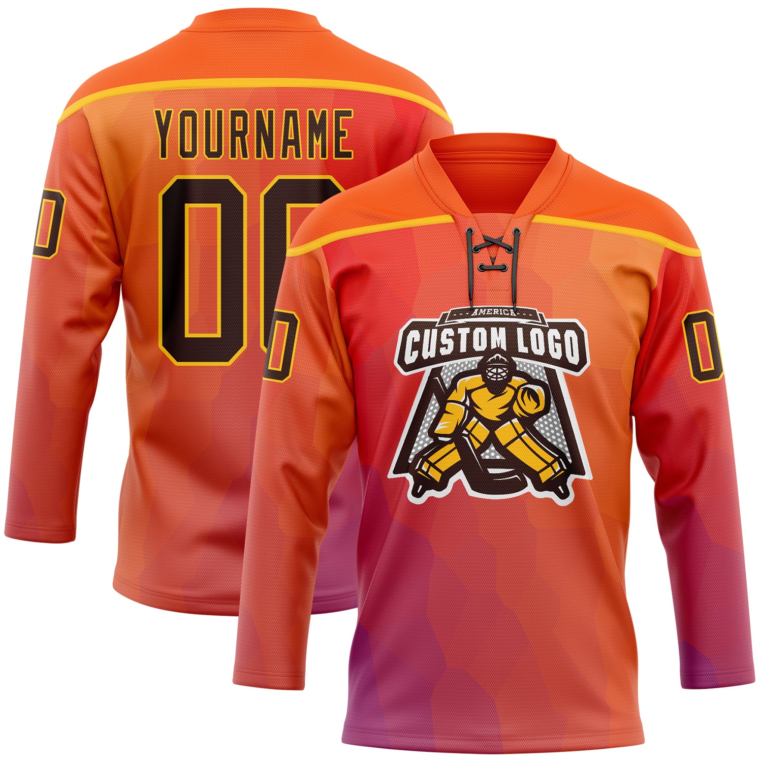 Custom Orange Brown Red Navy-Gold 3D Pattern Abstract Gradient Halftone Hockey Lace Neck Jersey