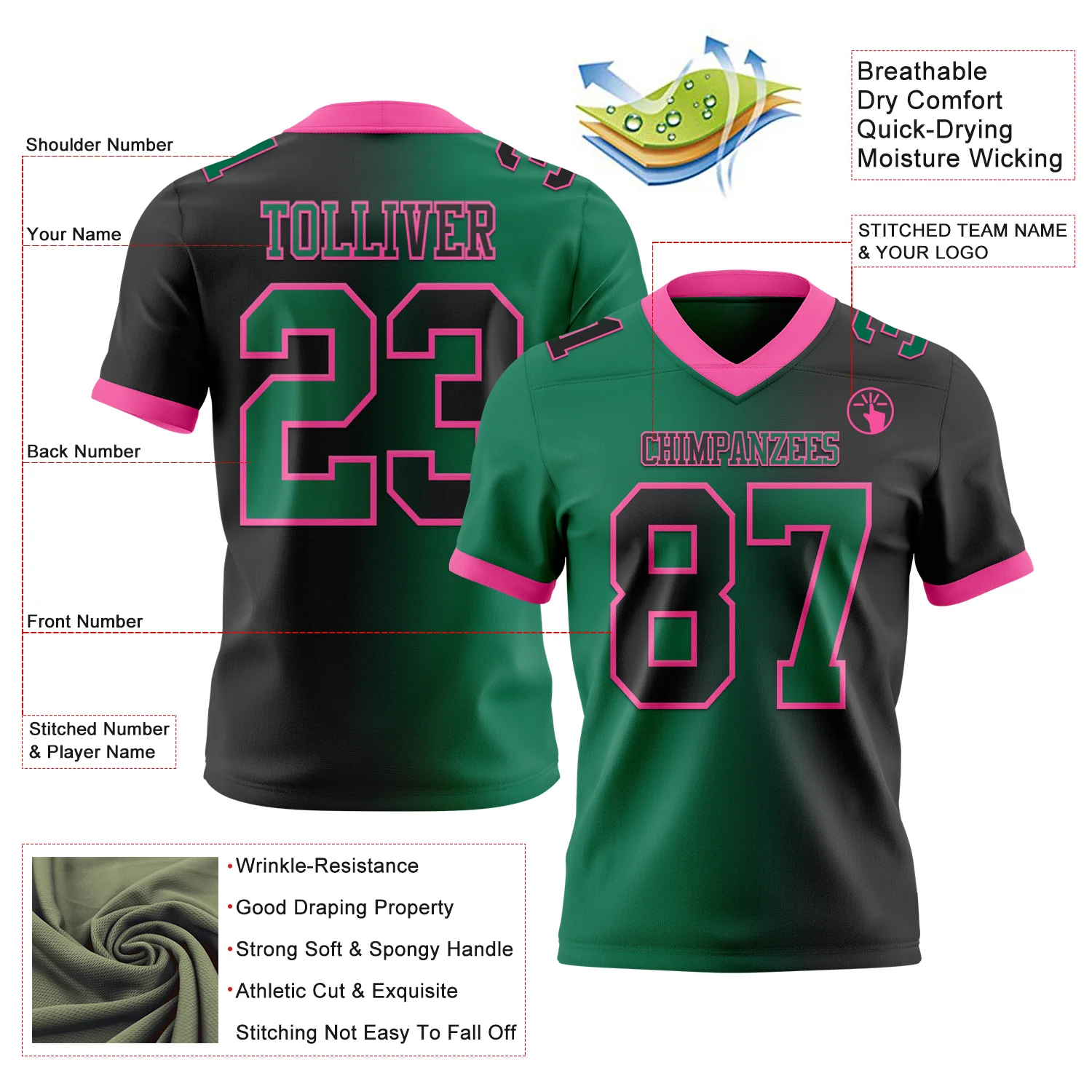 Custom Black Kelly Green-Pink Authentic Gradient Fashion Football Jersey