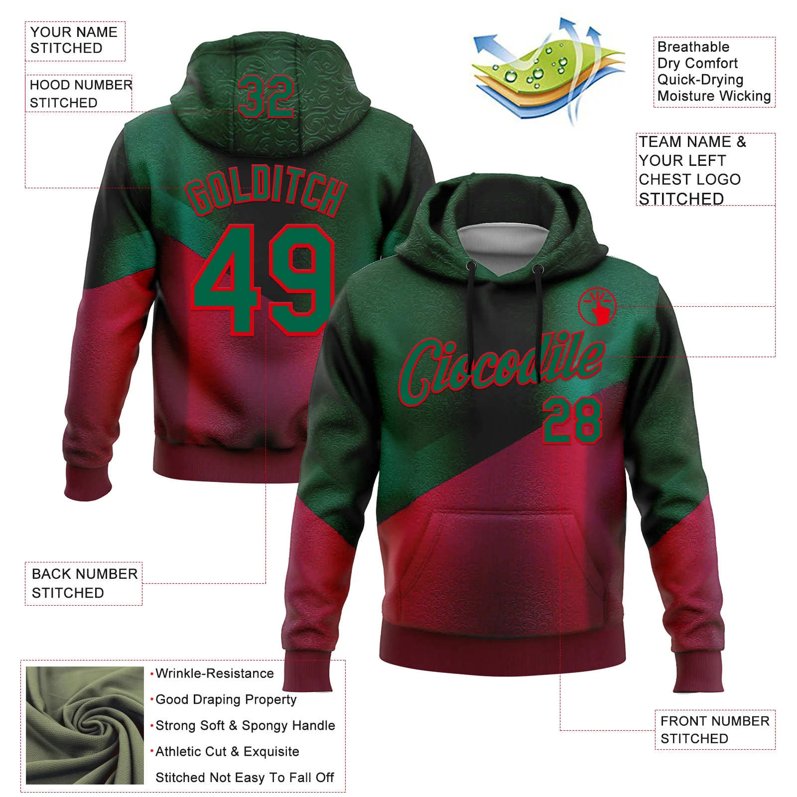 Custom Stitched Green Kelly Green-Red 3D Pattern Design Mexico Abstract Sportswear Pullover Sweatshirt Hoodie