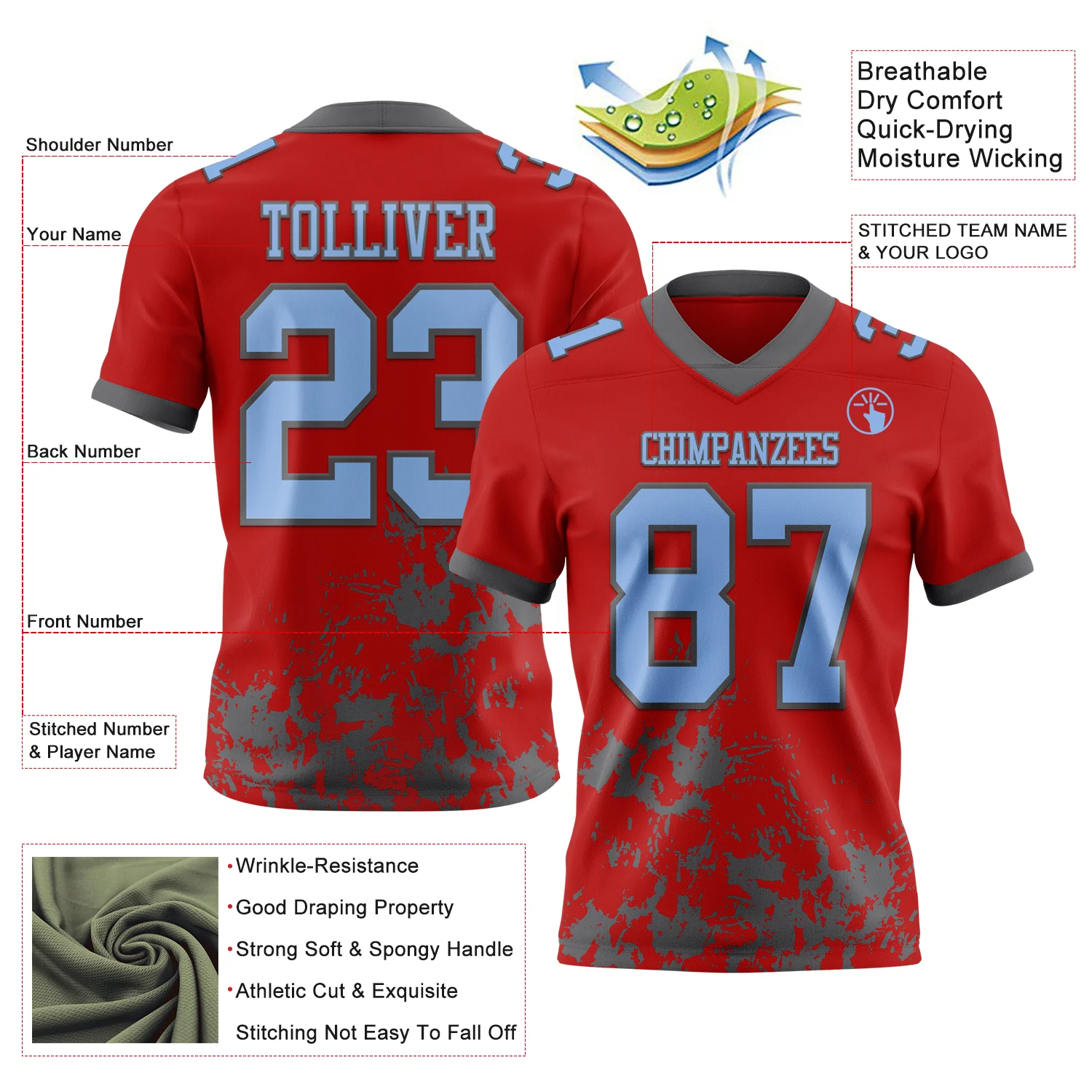 Custom Red Light Blue-Steel Gray 3D Pattern Splash Authentic Football Jersey