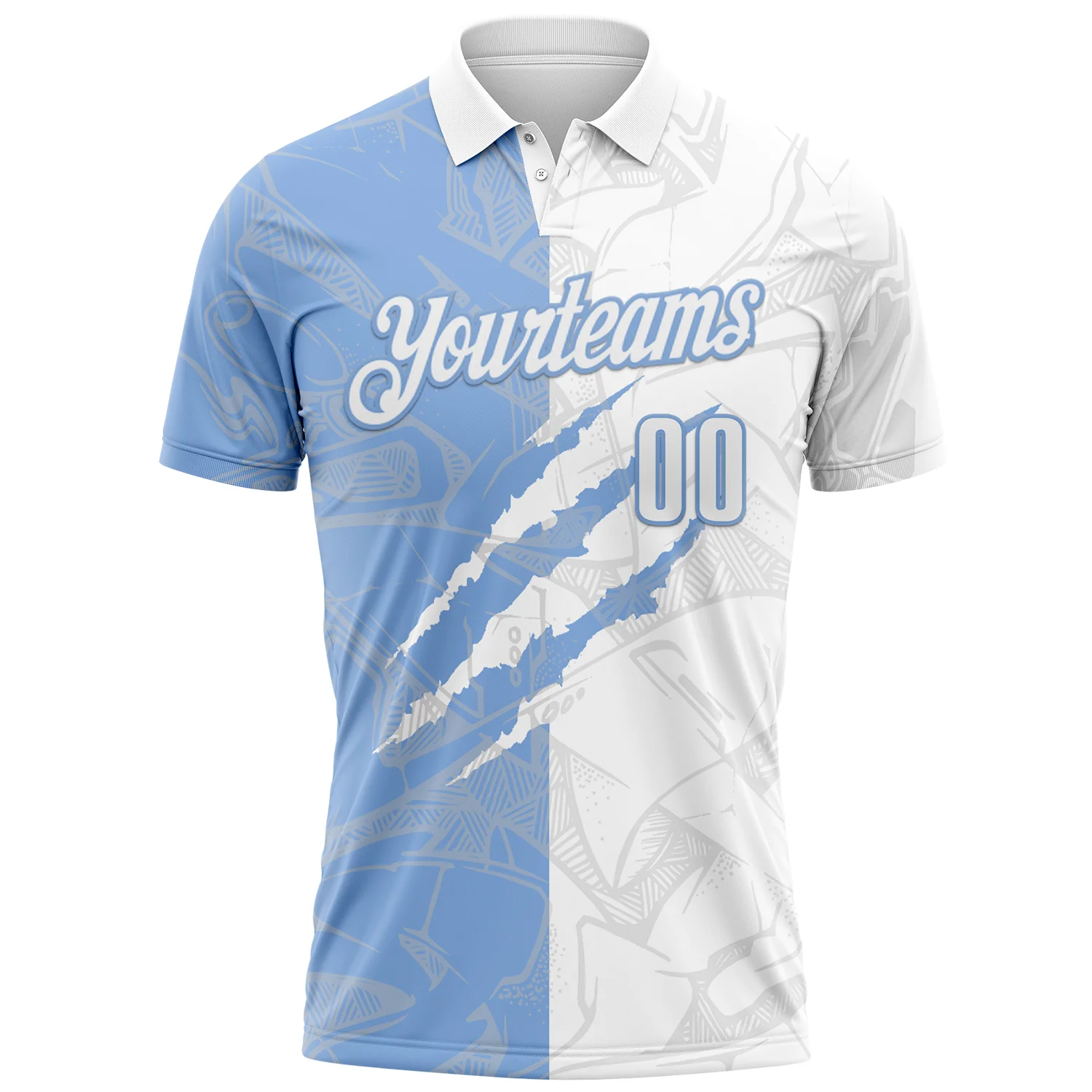 Custom Graffiti Pattern White-Light Blue 3D Scratch Performance Polo Shirt