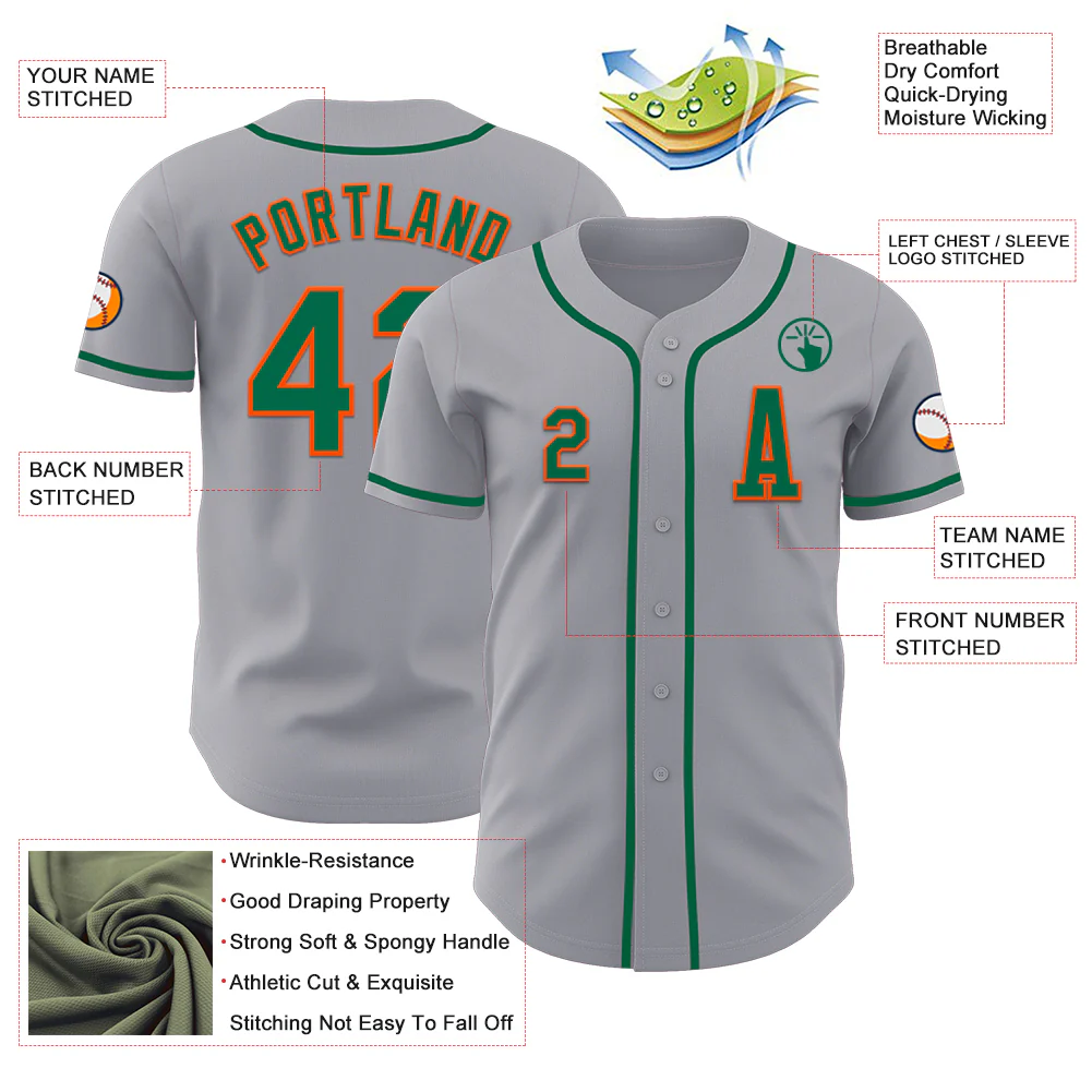 Custom Gray Kelly Green-Orange Authentic Baseball Jersey