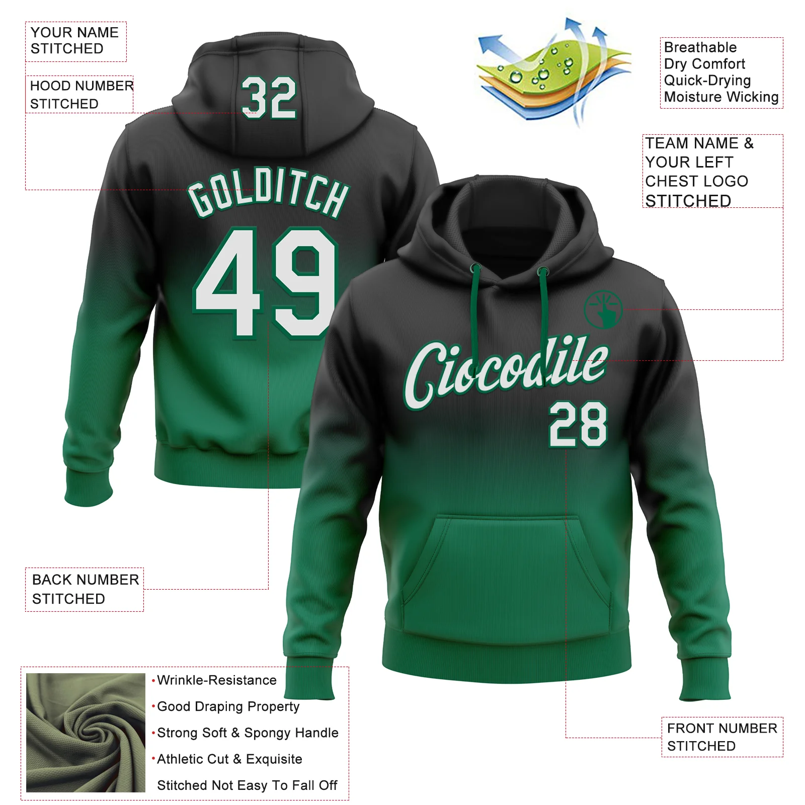 Custom Stitched Black White-Kelly Green Fade Fashion Sports Pullover Sweatshirt Hoodie