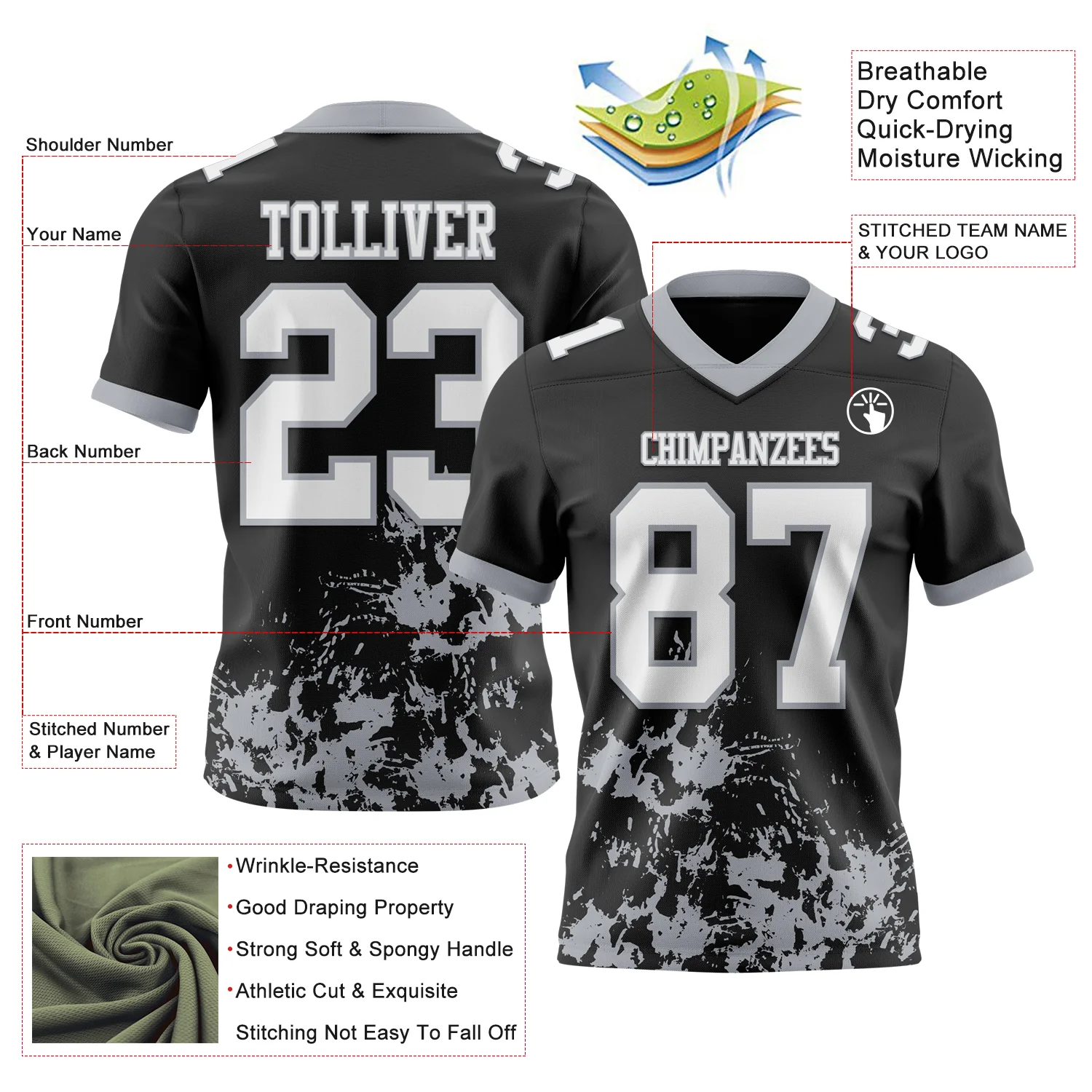 Custom Black White-Gray 3D Pattern Splash Authentic Football Jersey