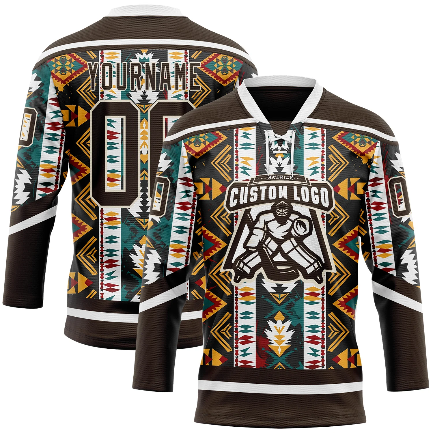 Custom Brown Yellow Green Red-Cream 3D Pattern Tribal Indigenous Grunge Geometric Splash Hockey Lace Neck Jersey