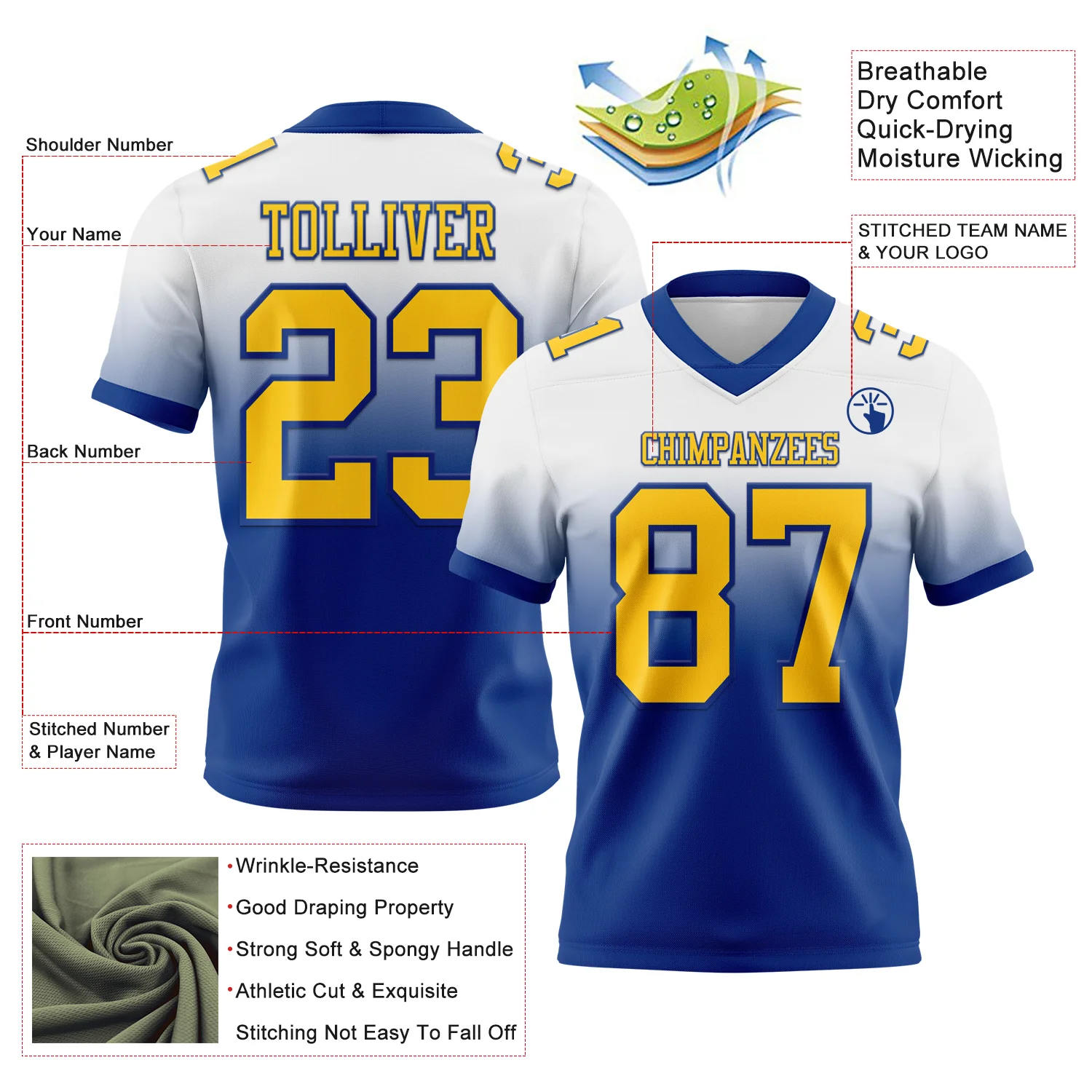 Custom White Yellow-Royal Authentic Fade Fashion Football Jersey