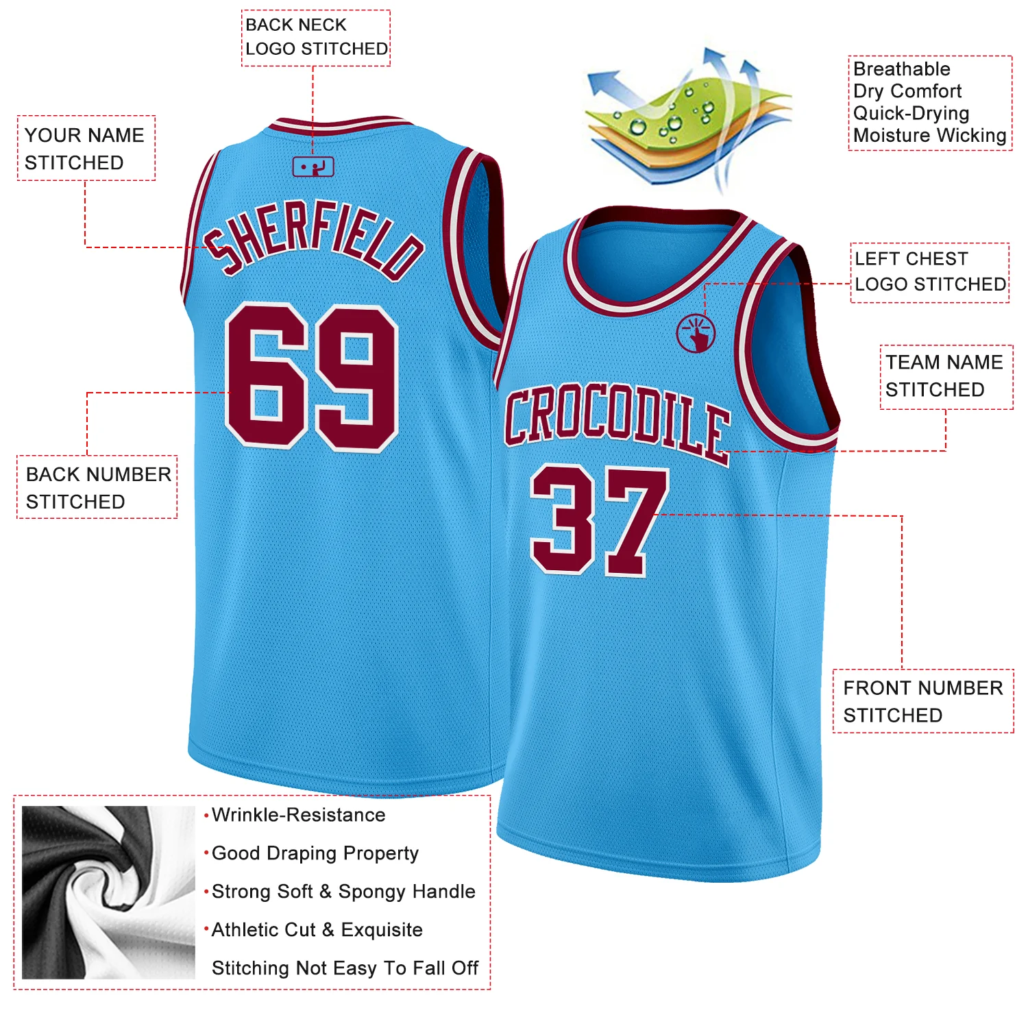 Custom Sky Blue Maroon-White Authentic Basketball Jersey